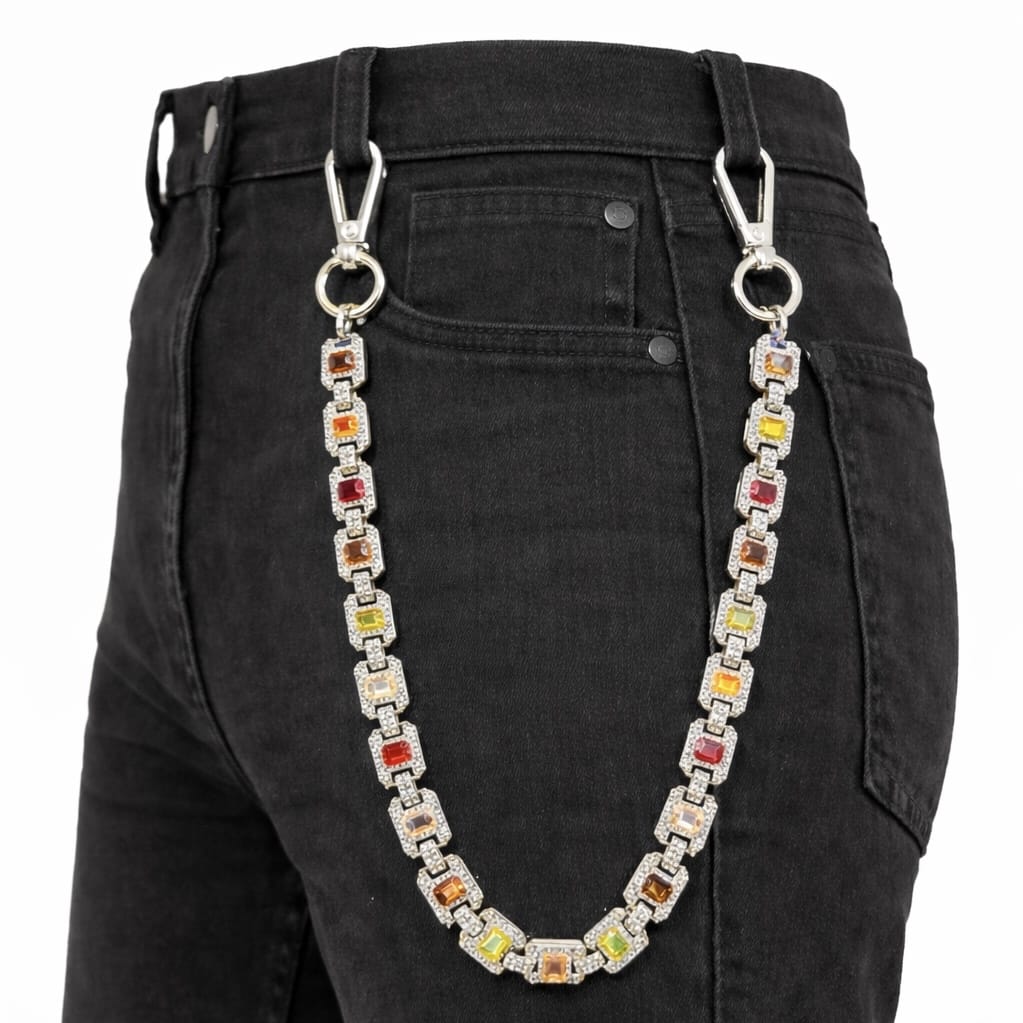 Jewelry Essentials Iced Gemstone Pant Chain (Silver) BKC-270S