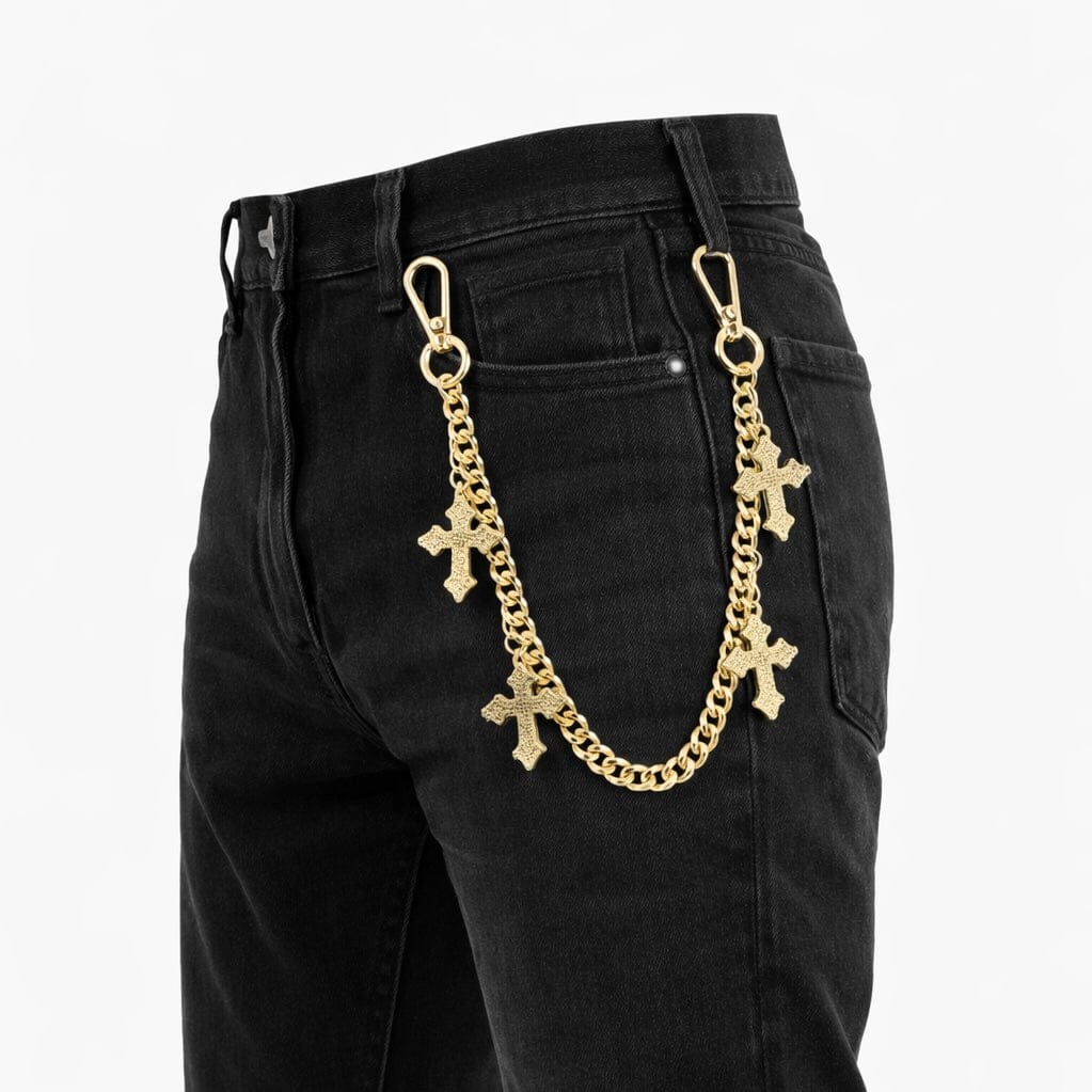 Jewelry Essentials Iced Out 4 Cross Cuban Pant Chain (Gold)