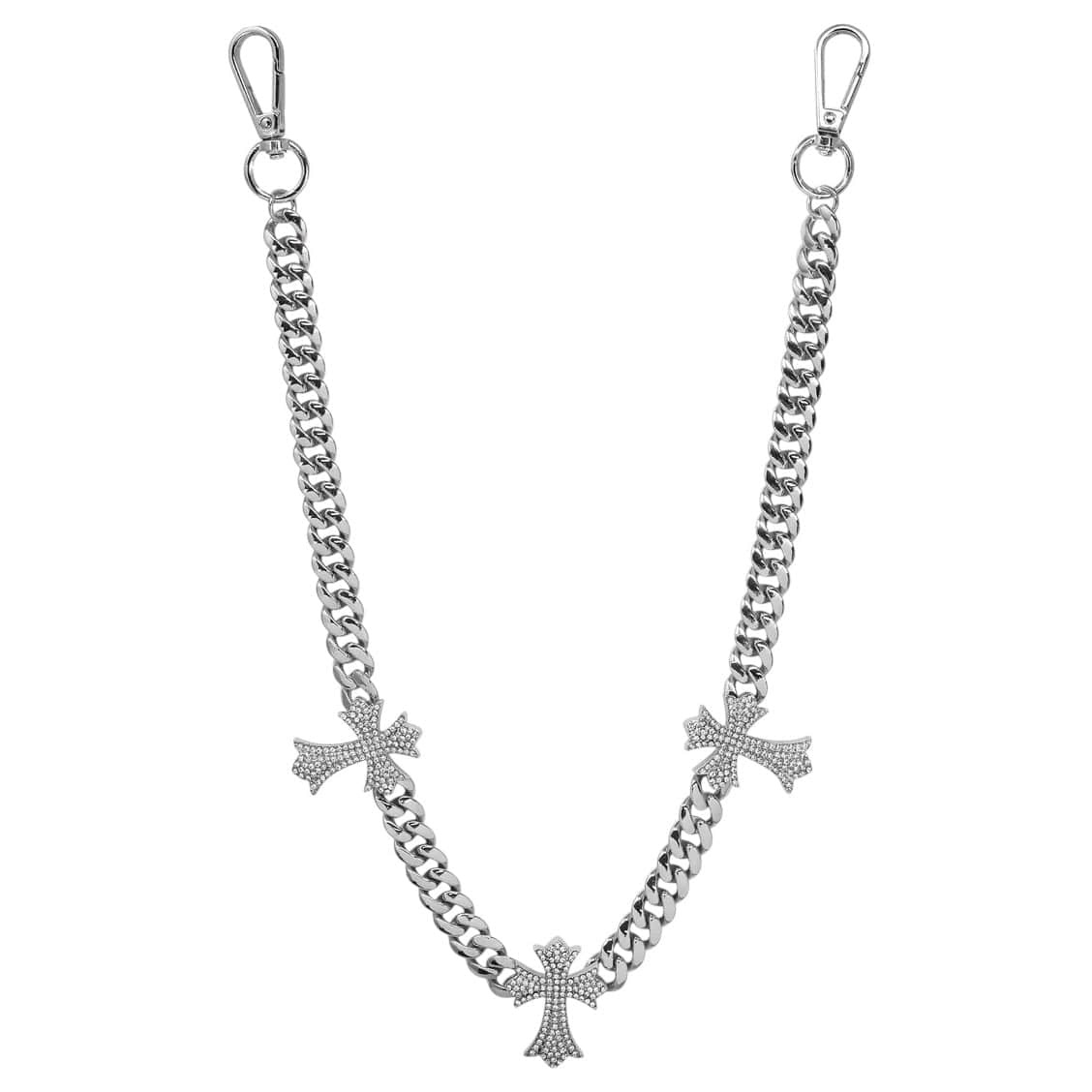 Jewelry Essentials Iced Out Triple Cross Cuban Pant Chain (Silver)