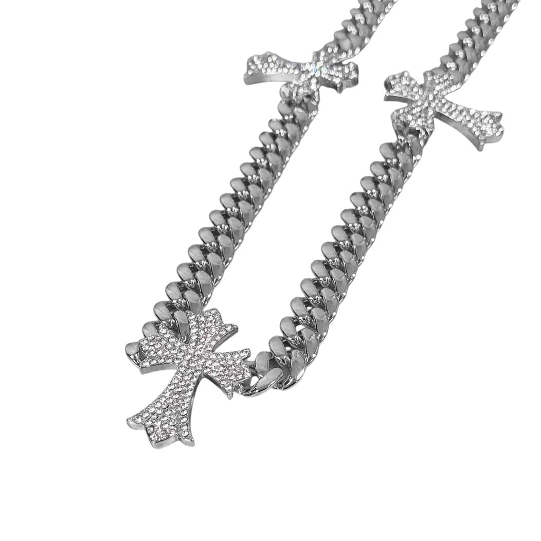 Jewelry Essentials Iced Out Triple Cross Cuban Pant Chain (Silver) - Image 3