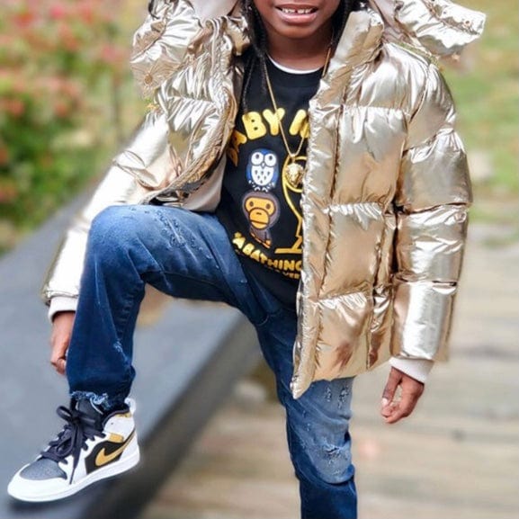 Kids Jordan Craig Metallic Hooded Bubble Jacket (Gold) 91542MK - Image 3