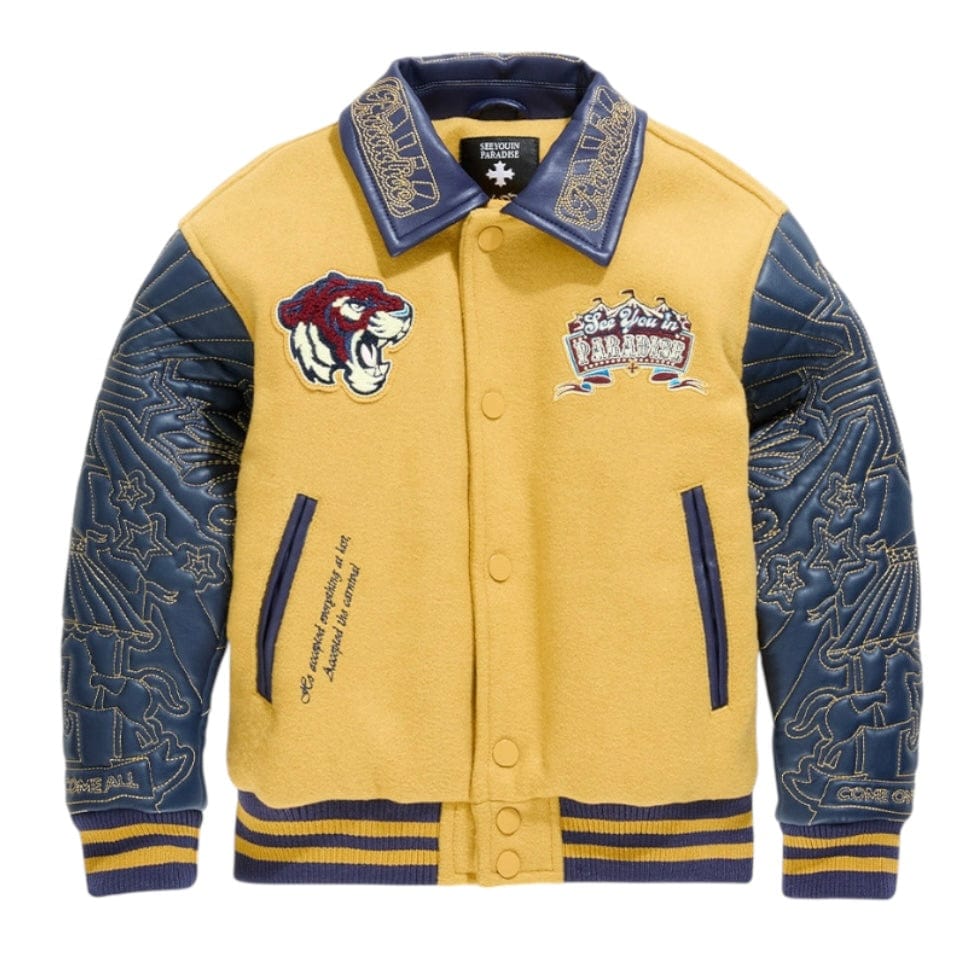 Boys See You In Paradise Smoke & Mirrors Varsity Jacket (Mustard) 91667B