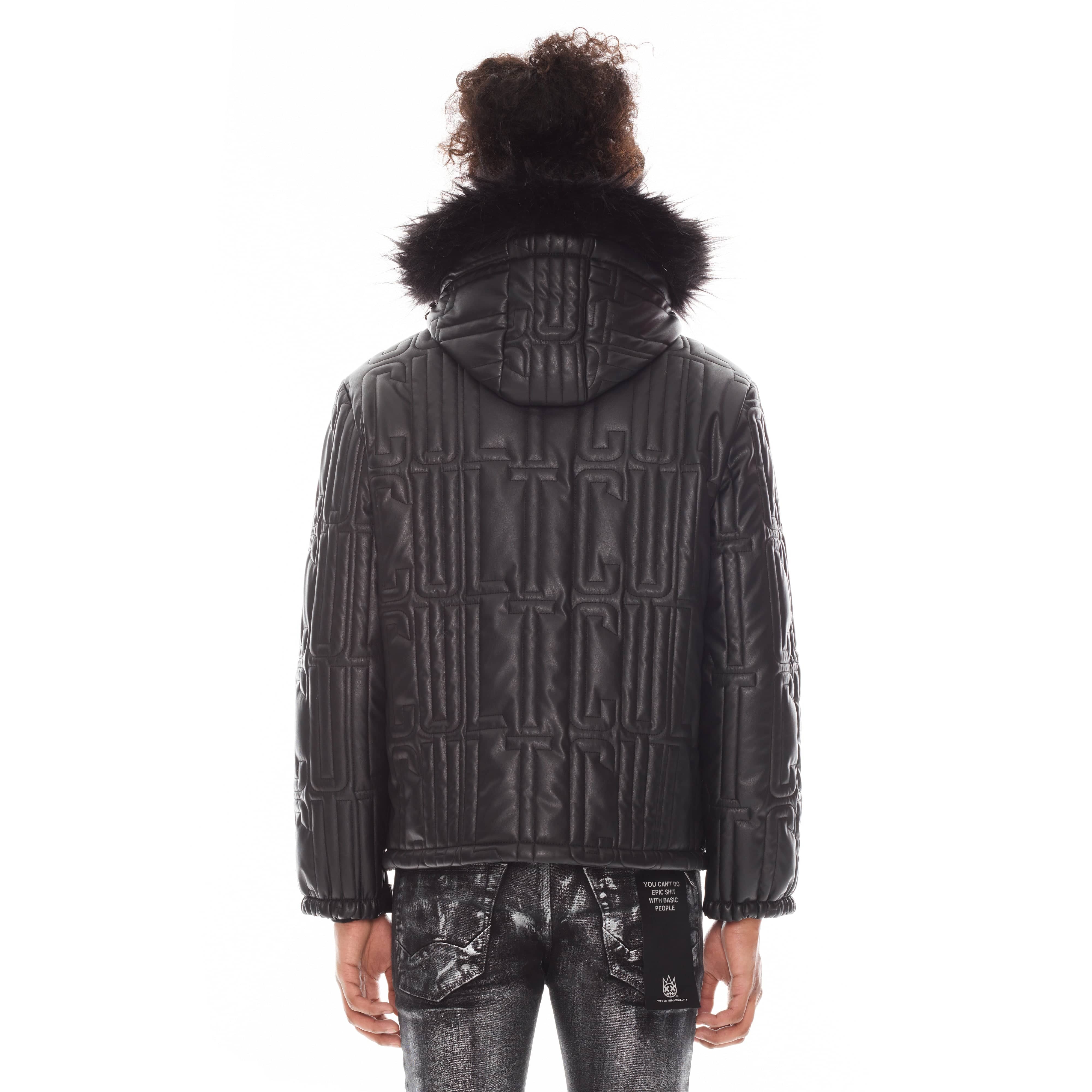 LEATHER PUFFER JACKET WITH FUR HOOD IN BLACK - Image 2