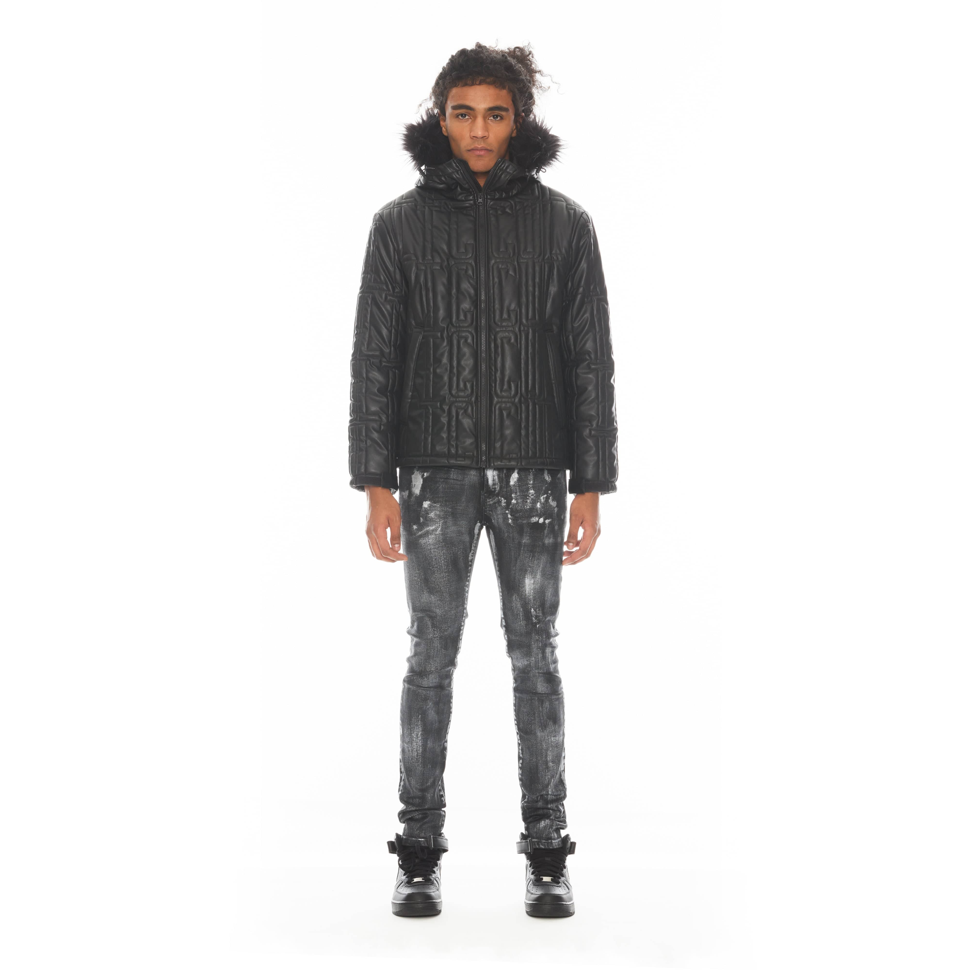 LEATHER PUFFER JACKET WITH FUR HOOD IN BLACK - Image 3