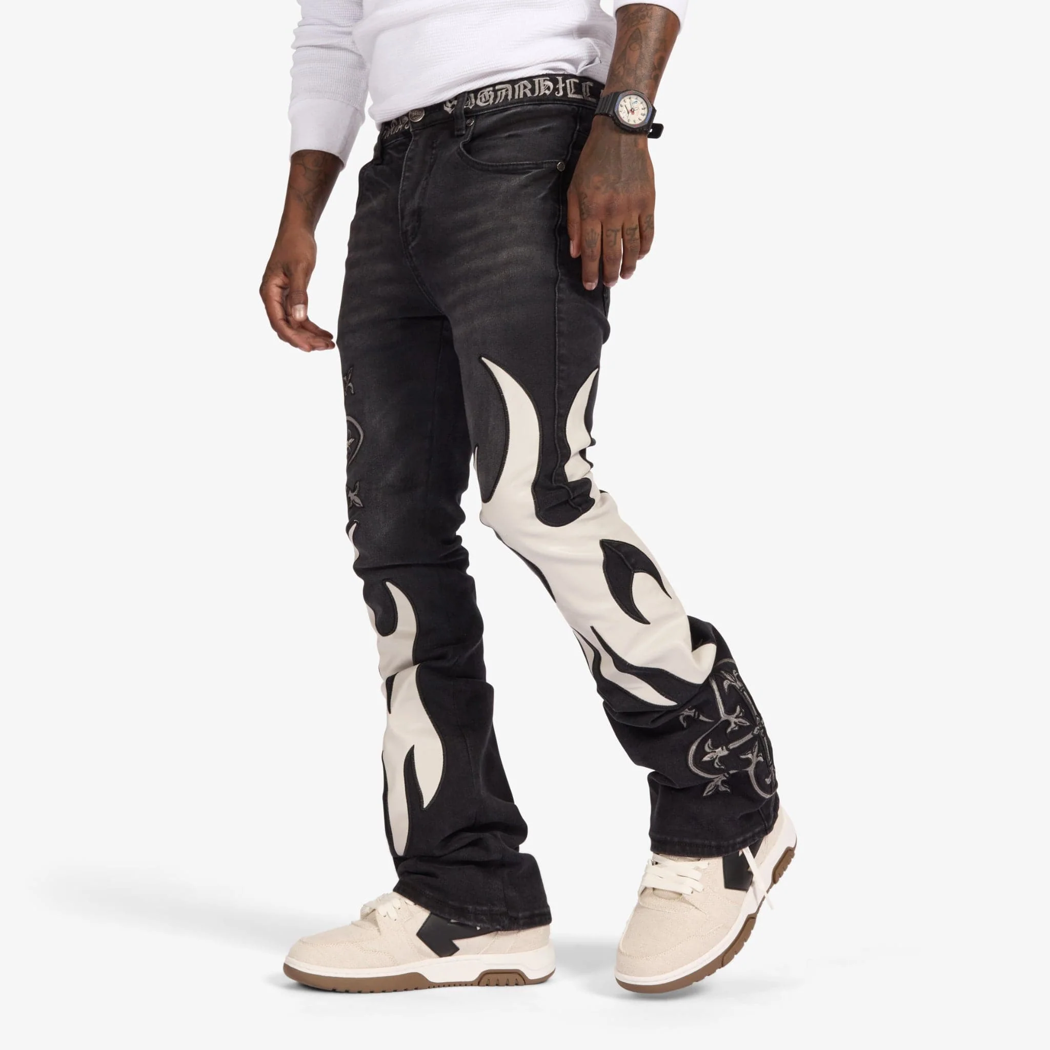 "Liver" Stacked Jeans (black/gray leather) - Image 2