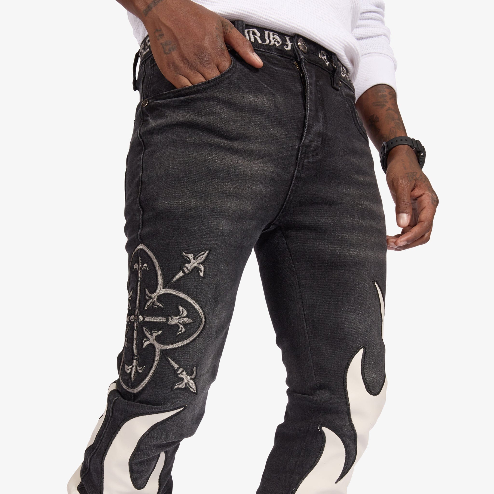 "Liver" Stacked Jeans (black/gray leather) - Image 5