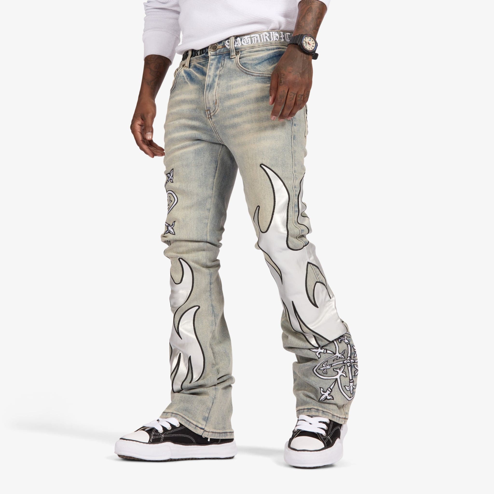 "Liver" Stacked Jeans (stone/white leather) - Image 2