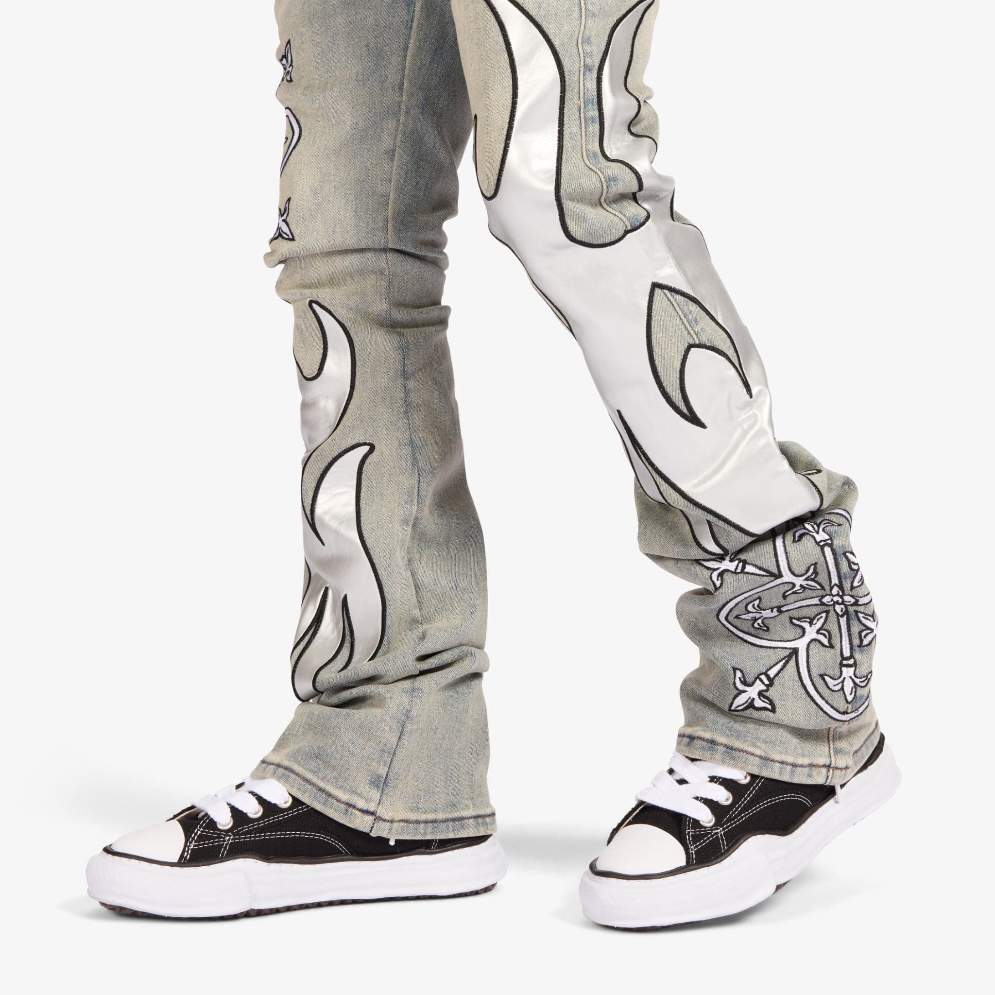 "Liver" Stacked Jeans (stone/white leather) - Image 4