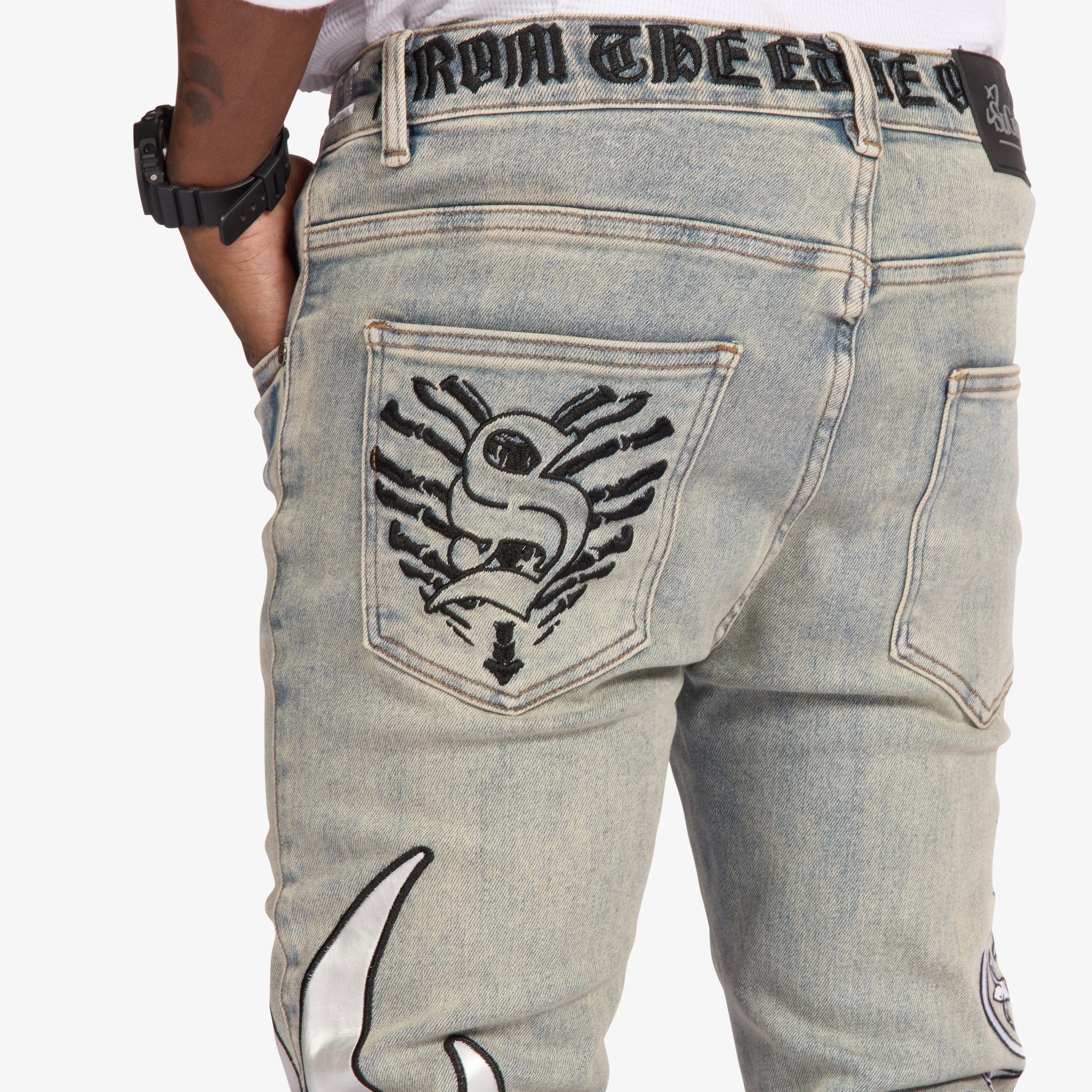"Liver" Stacked Jeans (stone/white leather) - Image 5
