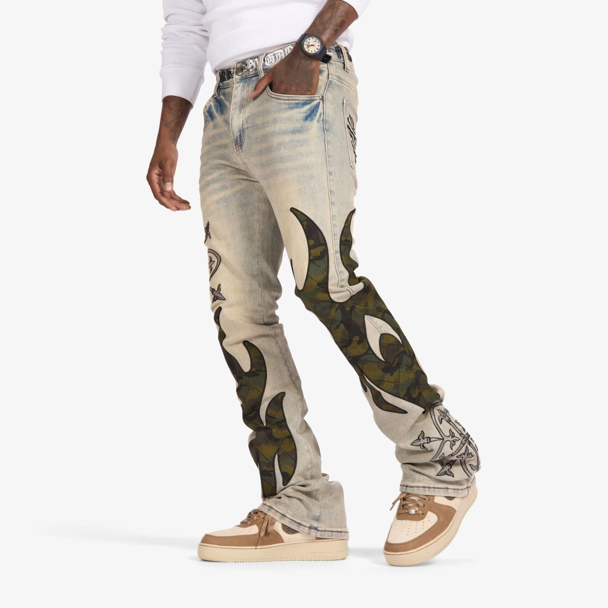 "Liver" Stacked Jeans (wheat/camo scrunch) - Image 2