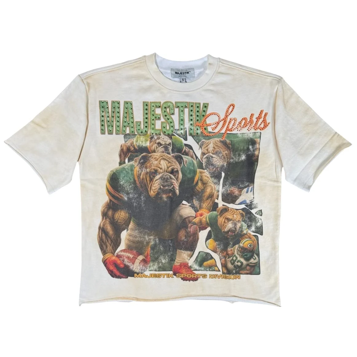 Majestik Bulldog Sports Division Crewneck Rhinestone Tee (Eggshell) FT2605