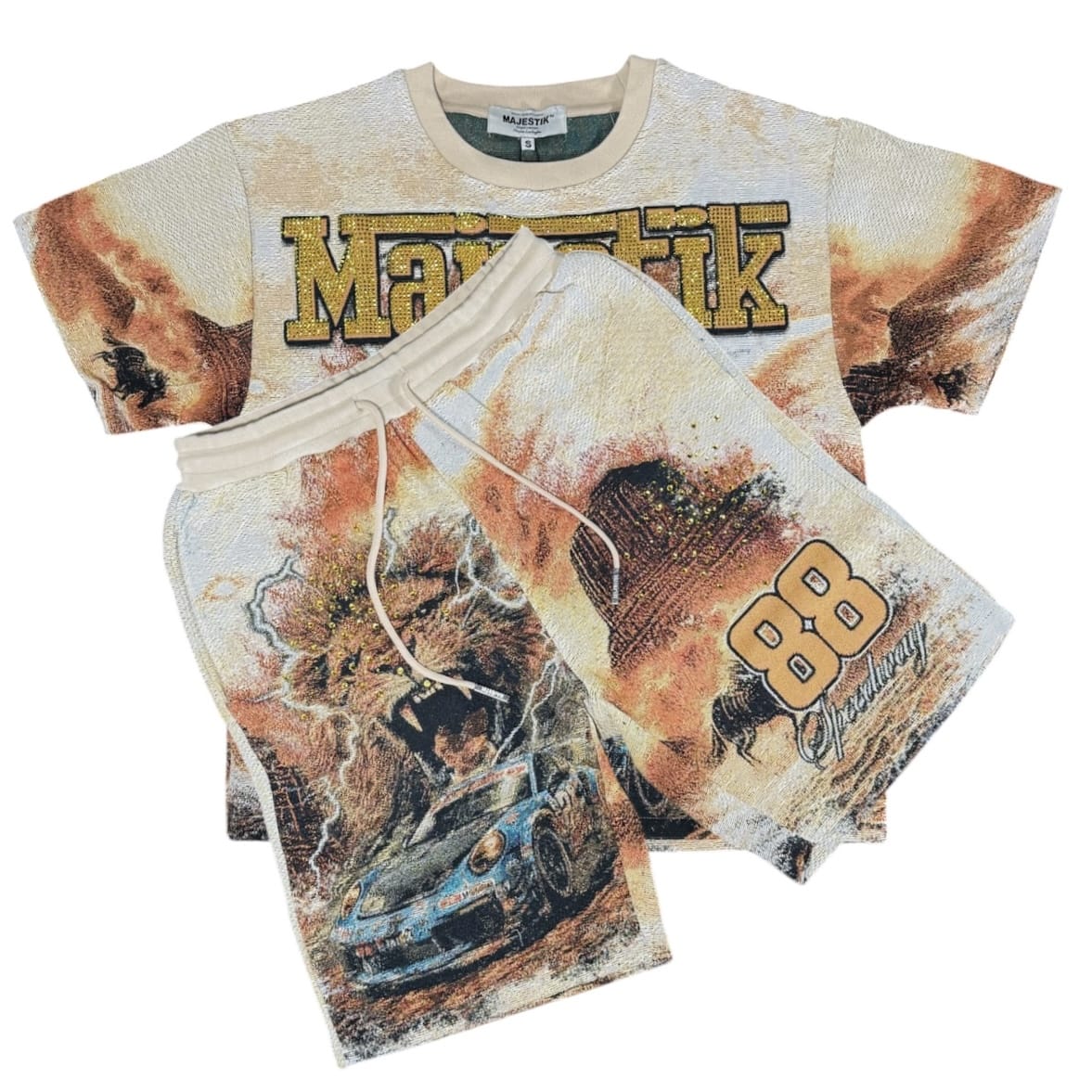 Majestik Lion Tapestry Jersey & Short Rhinestone Set (Eggshell)