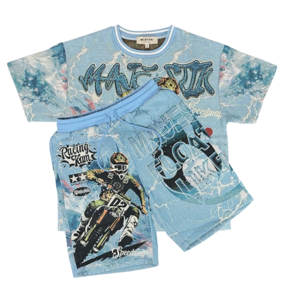 Majestik Sport Department Tapestry Jersey & Short Rhinestone Set (Light Blue)
