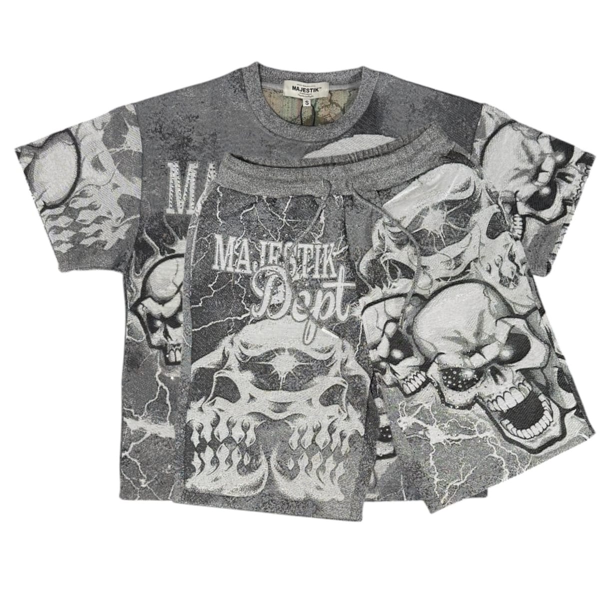 Majestik Twin Skulled Tapestry Jersey Short Rhinestone Set (Grey)