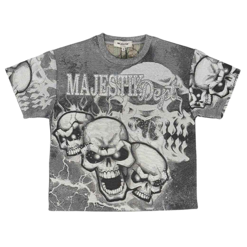 Majestik Twin Skulled Tapestry Jersey Short Rhinestone Set (Grey) - Image 2