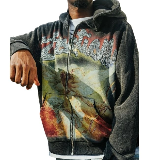 Mixed Emotion Bow Acid Wash Rhinestone Hoodie (Black) - Image 3