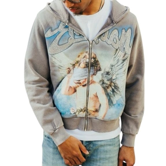 Mixed Emotion Eye Covered Angel Rhinestone Hoodie (Grey) - Image 3