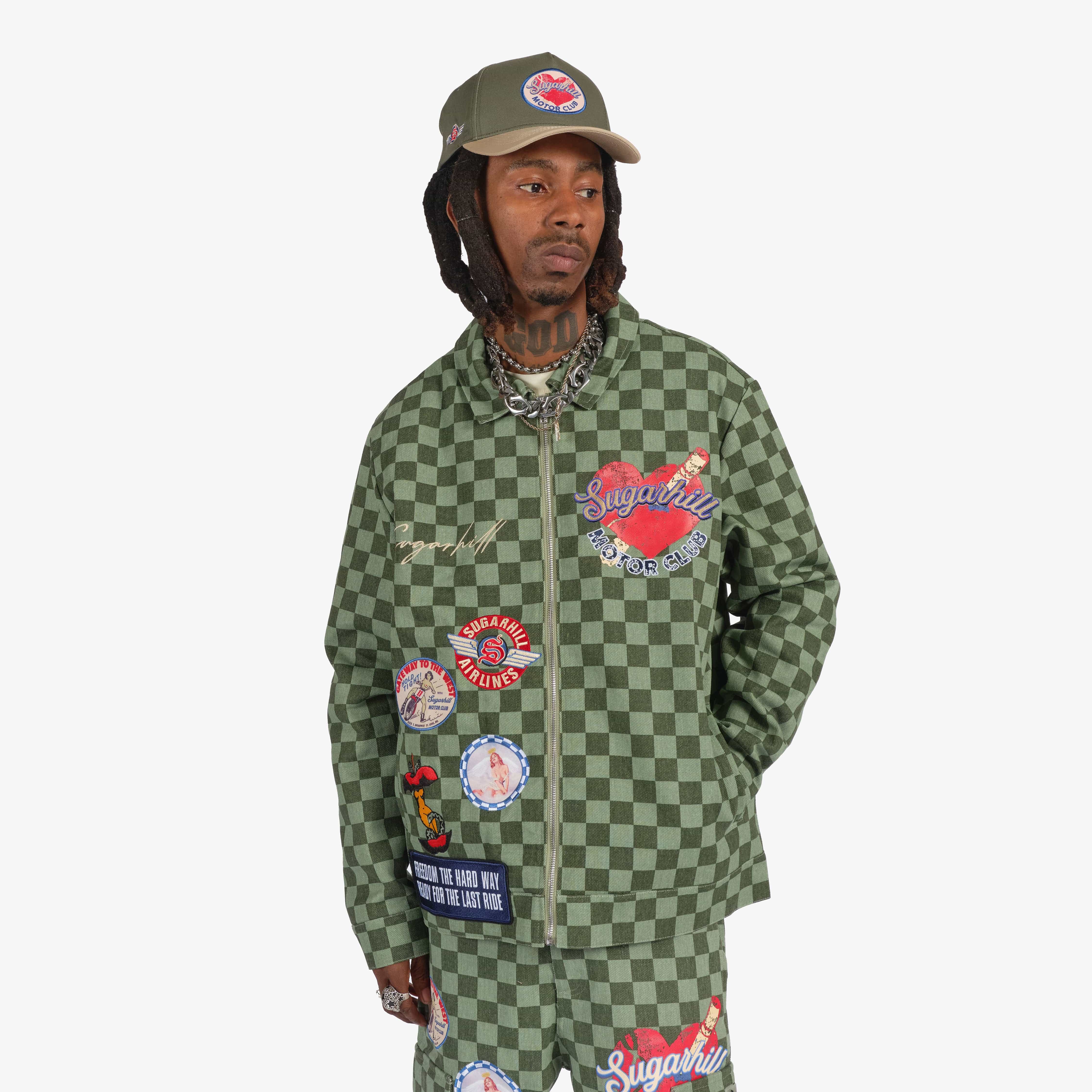 "Motor Club" Denim Trucker Jacket (green checker)