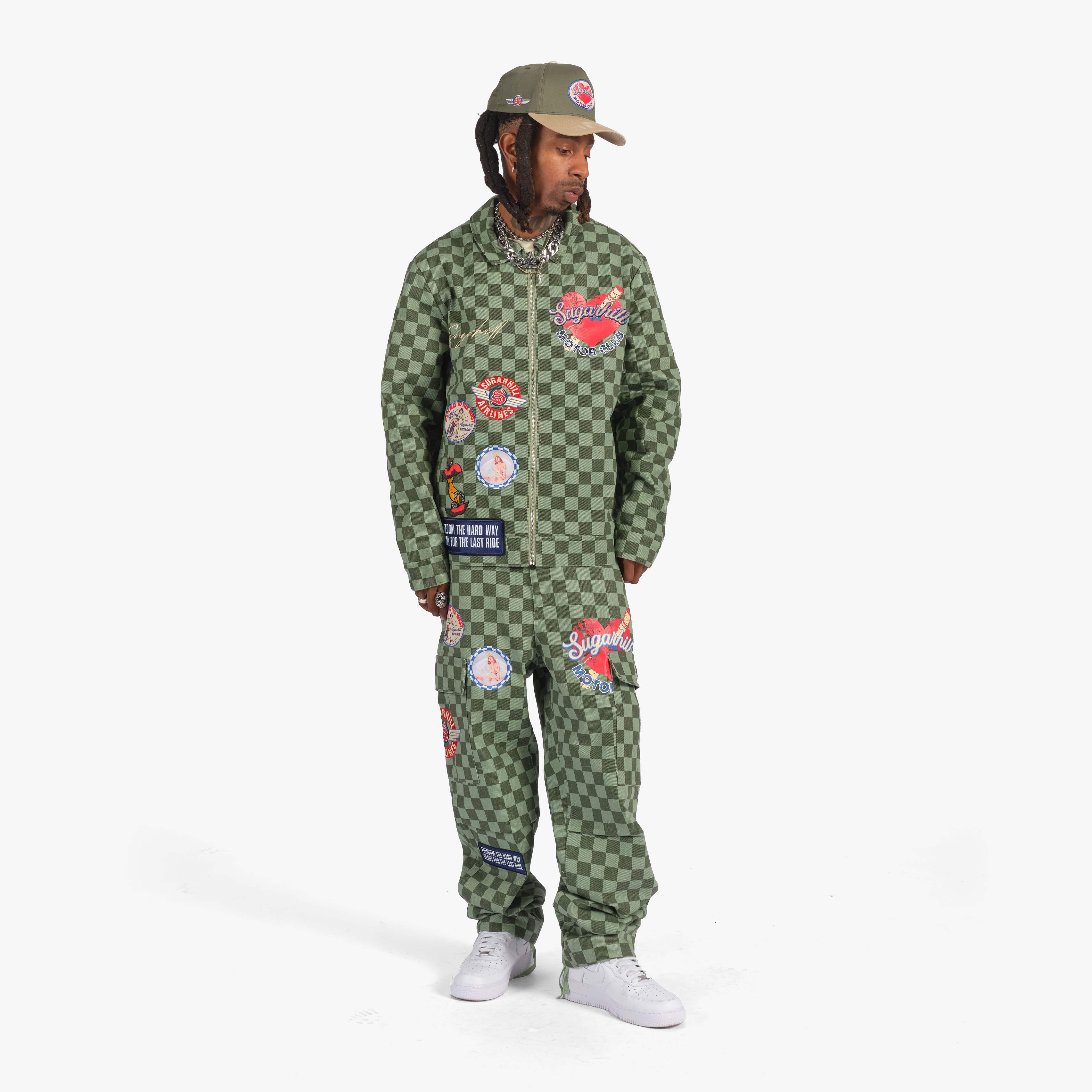 "Motor Club" Denim Trucker Jacket (green checker) - Image 3