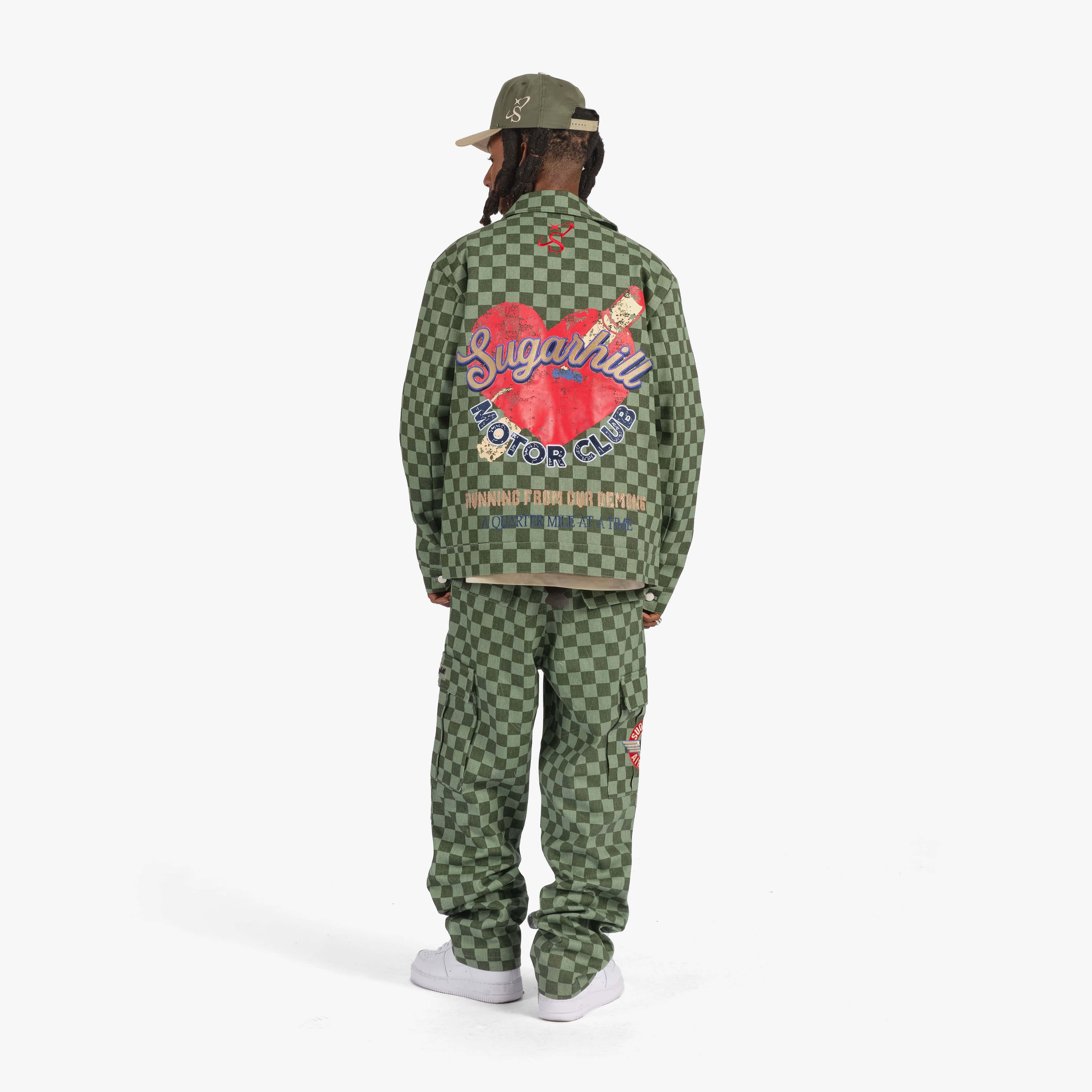 "Motor Club" Denim Trucker Jacket (green checker) - Image 4