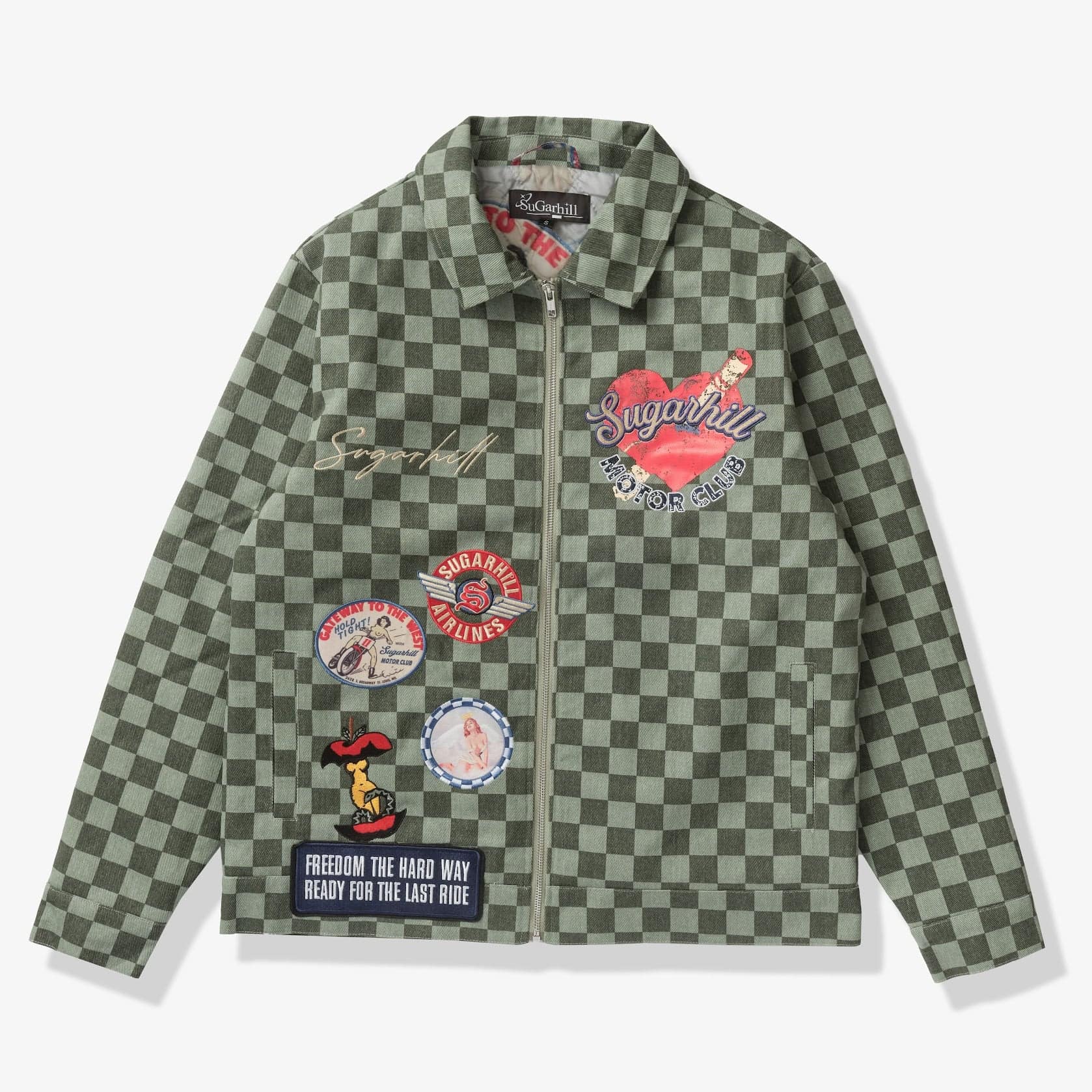 "Motor Club" Denim Trucker Jacket (green checker) - Image 5