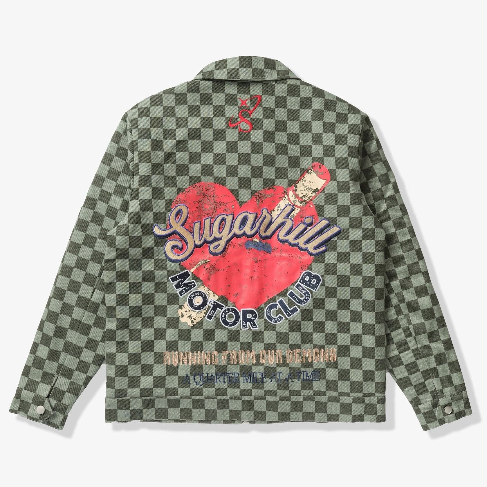 "Motor Club" Denim Trucker Jacket (green checker) - Image 6