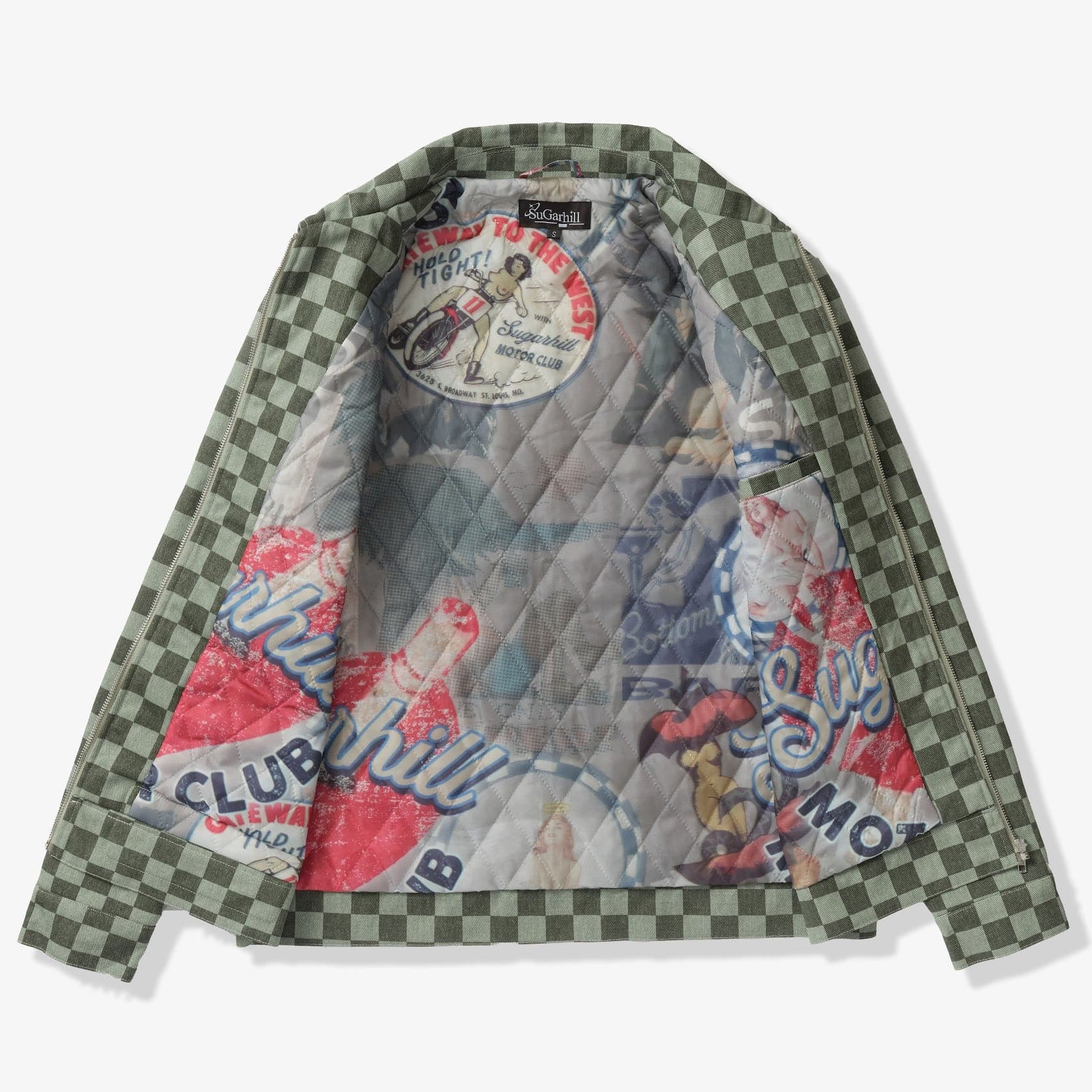 "Motor Club" Denim Trucker Jacket (green checker) - Image 7