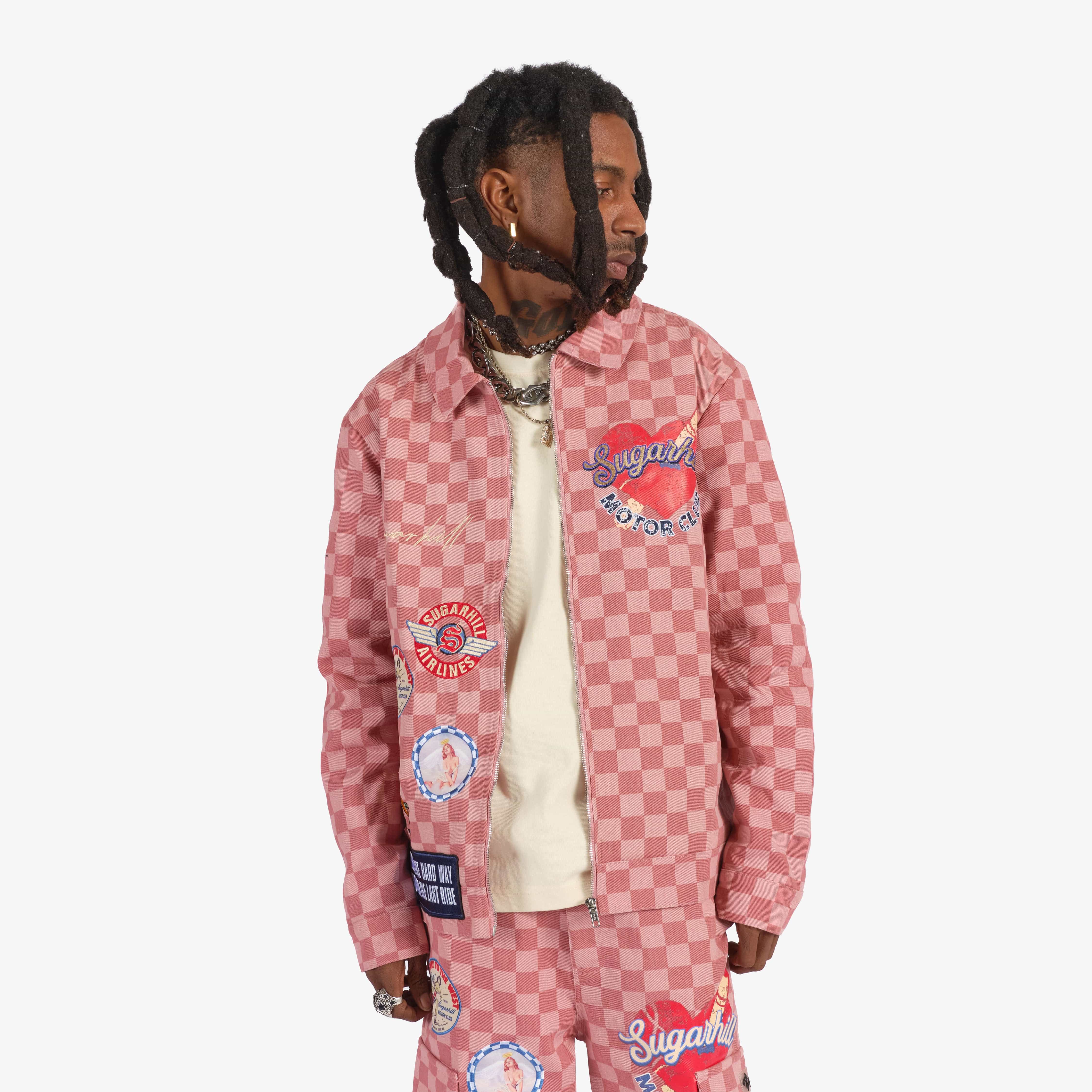 "Motor Club" Denim Trucker Jacket (red checker)