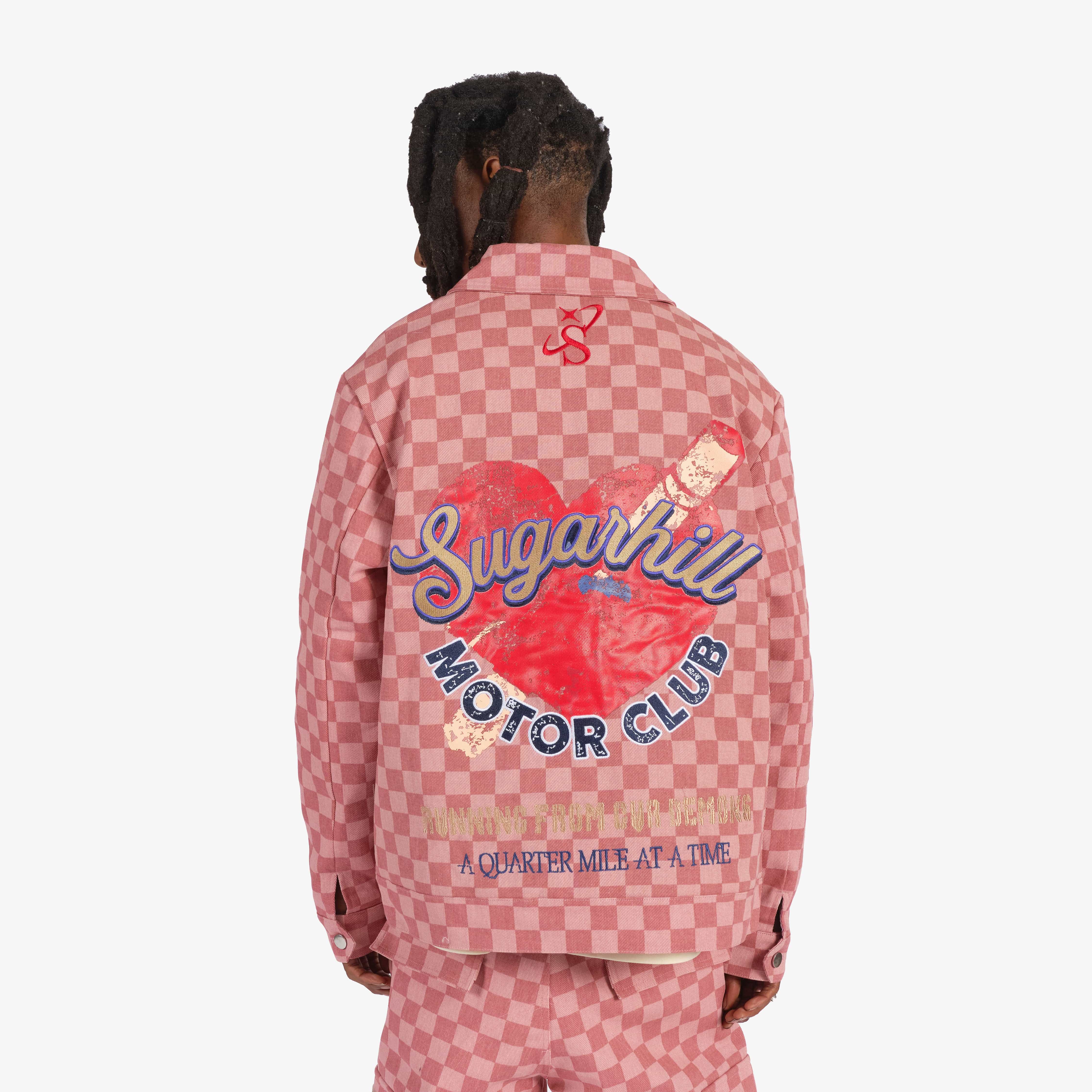 "Motor Club" Denim Trucker Jacket (red checker) - Image 2