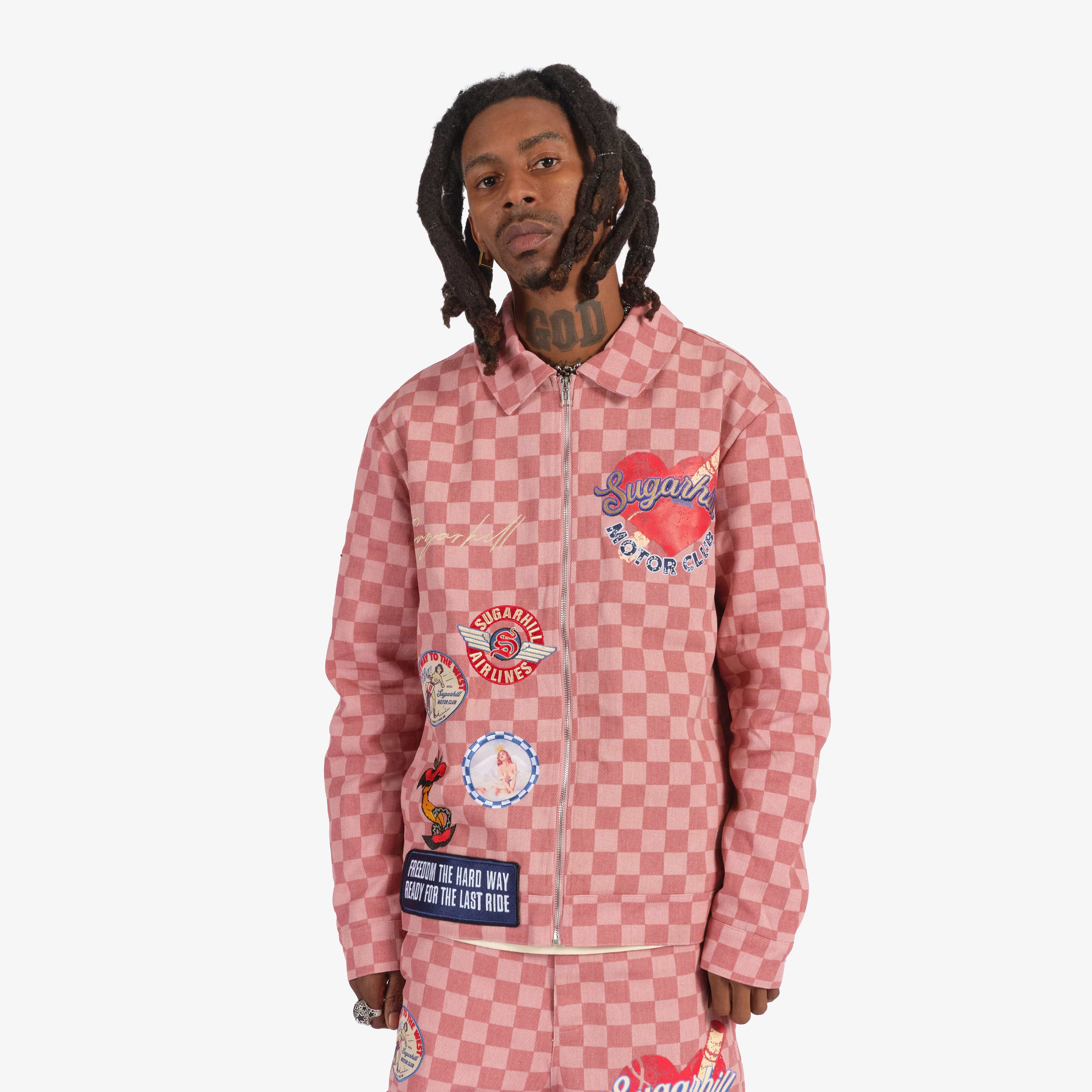"Motor Club" Denim Trucker Jacket (red checker) - Image 3