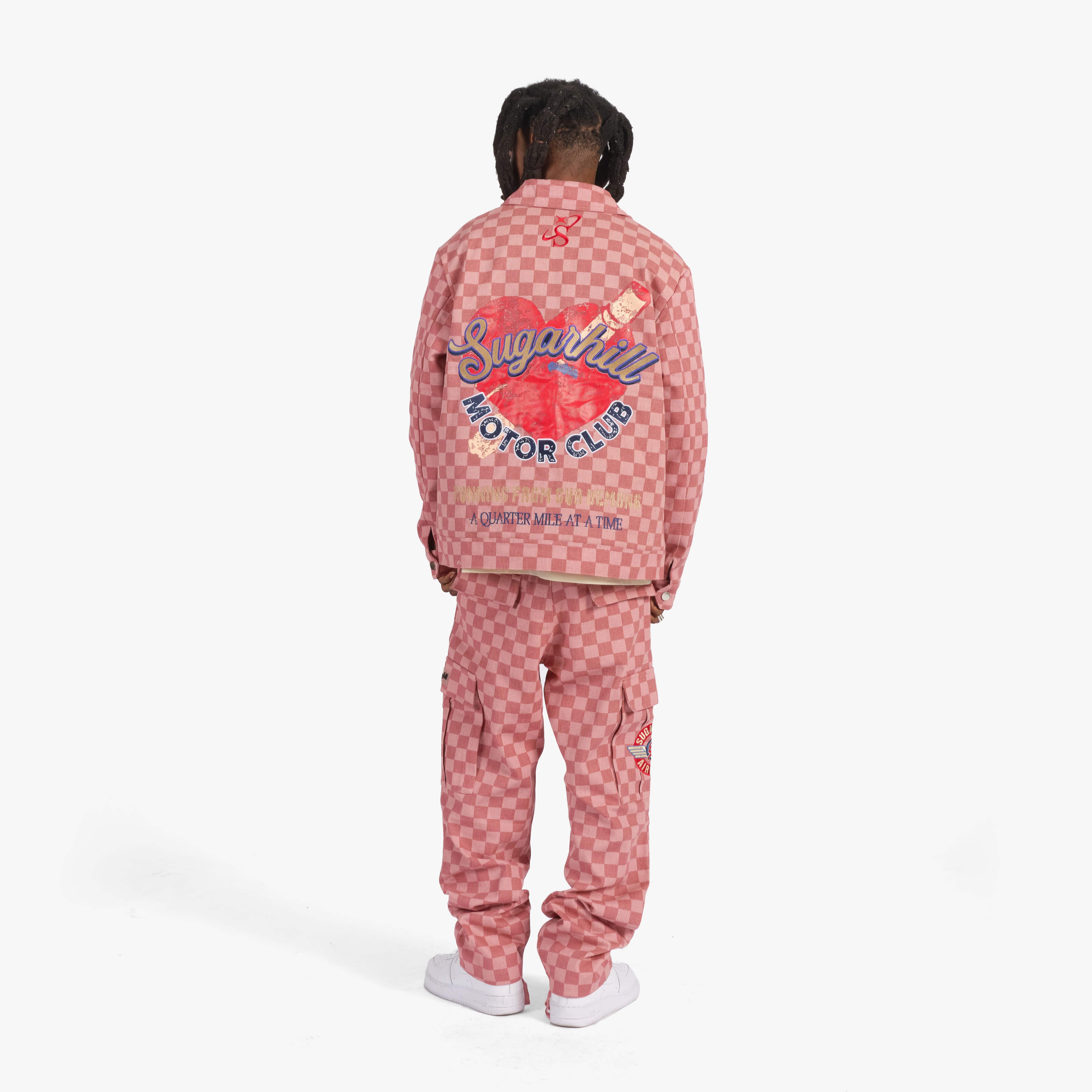 "Motor Club" Denim Trucker Jacket (red checker) - Image 4