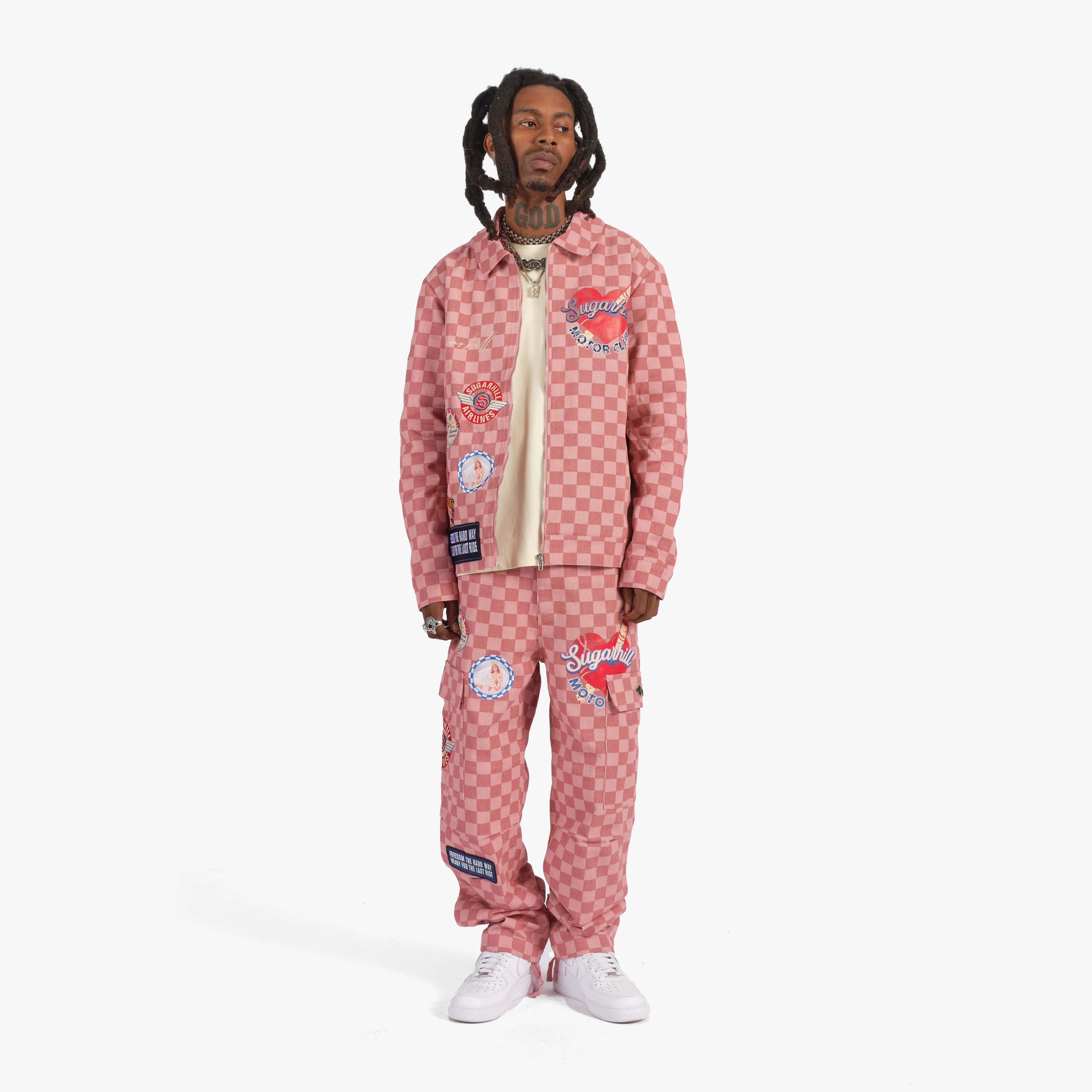 "Motor Club" Denim Trucker Jacket (red checker) - Image 5