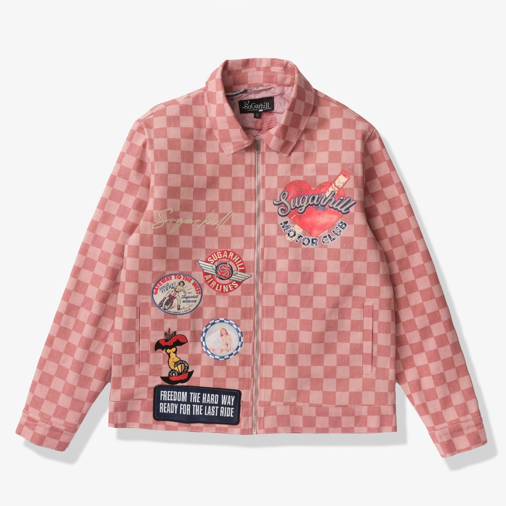 "Motor Club" Denim Trucker Jacket (red checker) - Image 7
