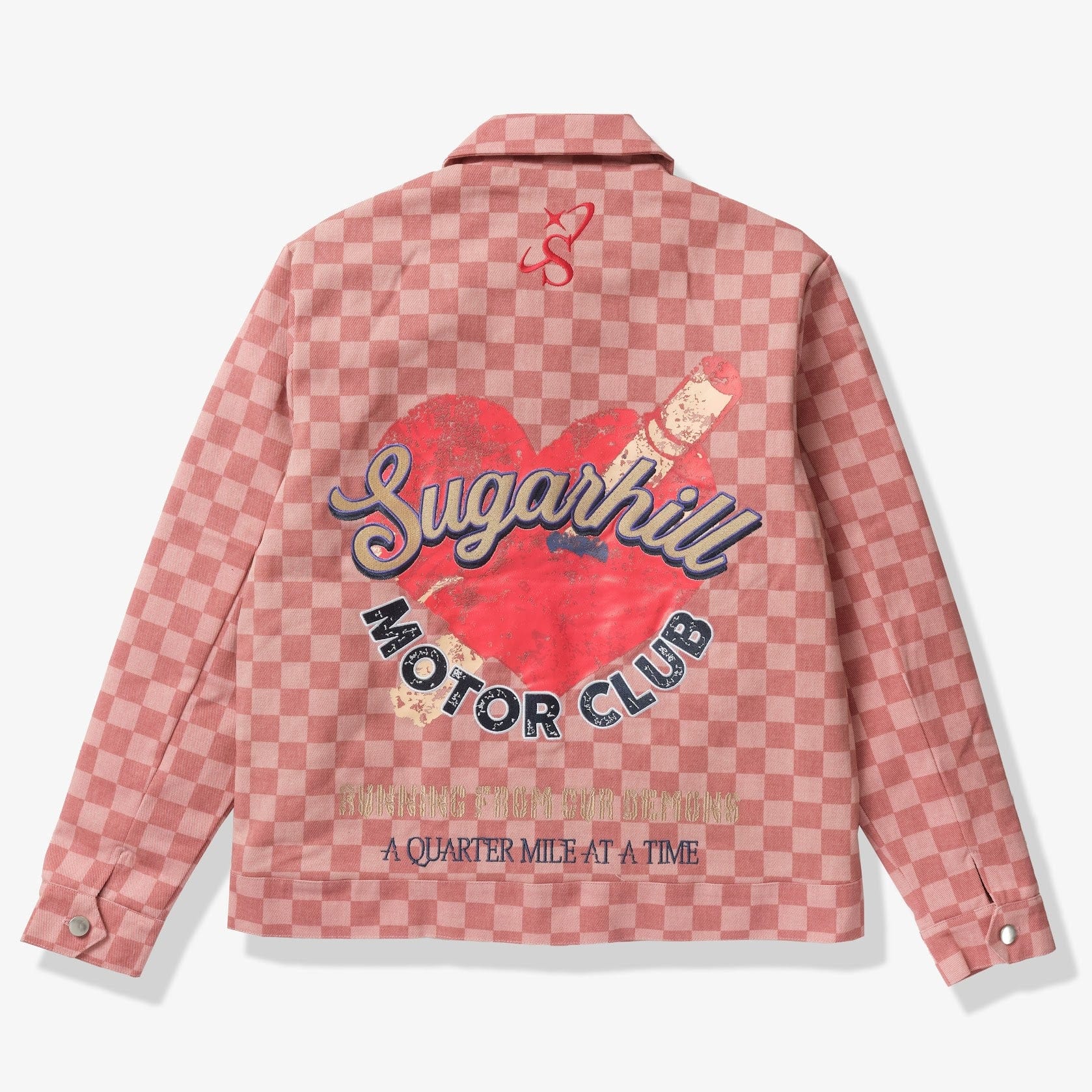 "Motor Club" Denim Trucker Jacket (red checker) - Image 8