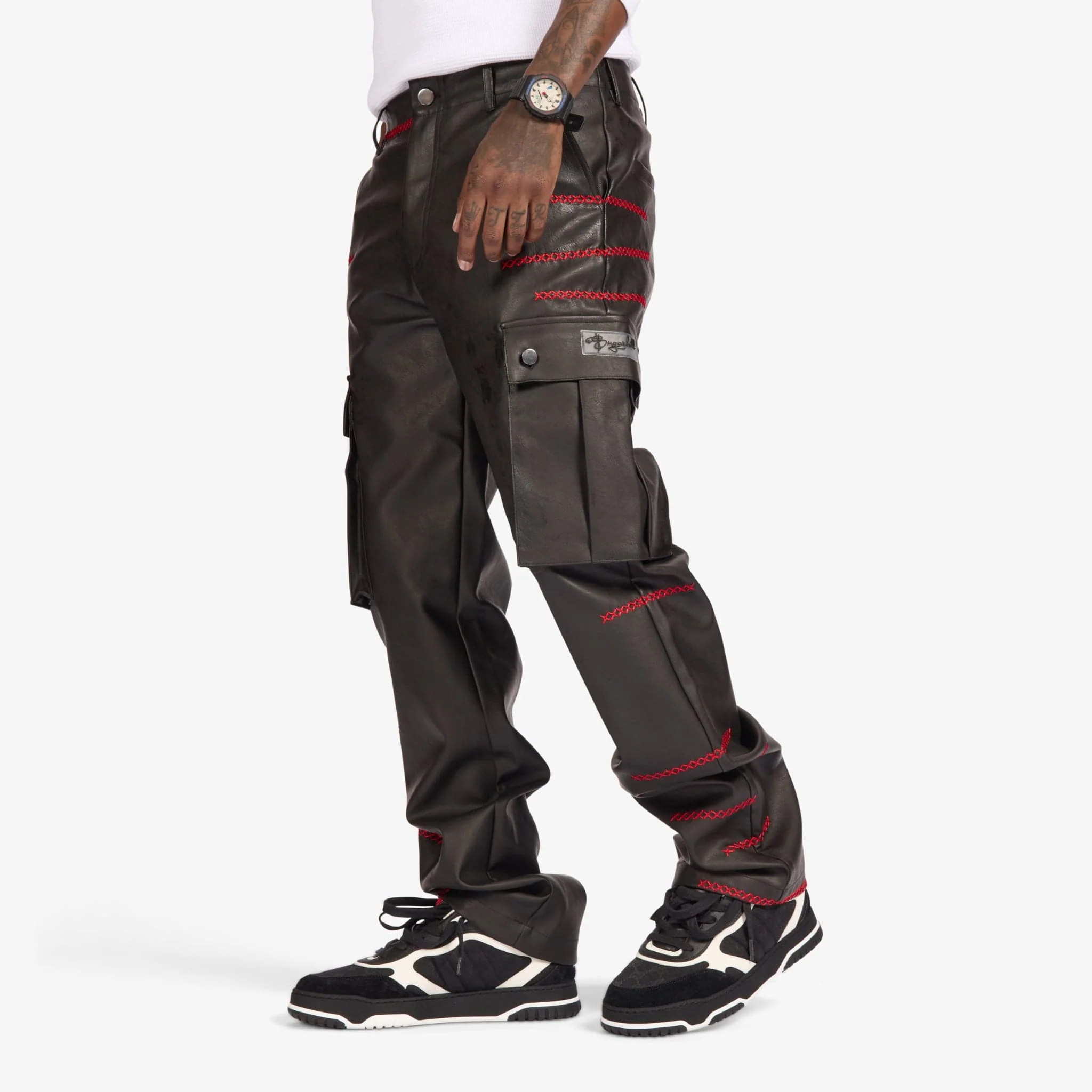 "Ogden" Leather Cargos (black/red) - Image 2
