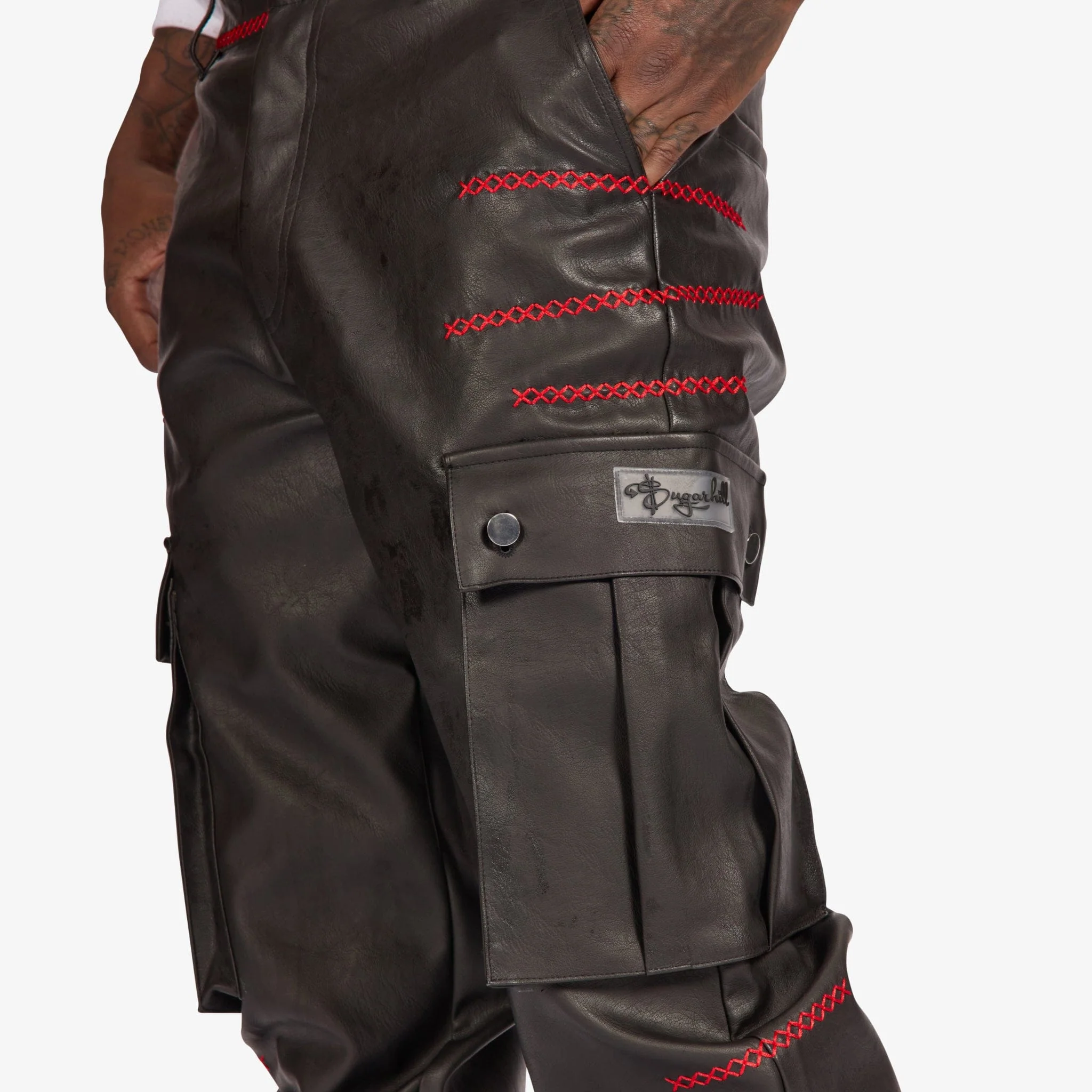 "Ogden" Leather Cargos (black/red) - Image 3