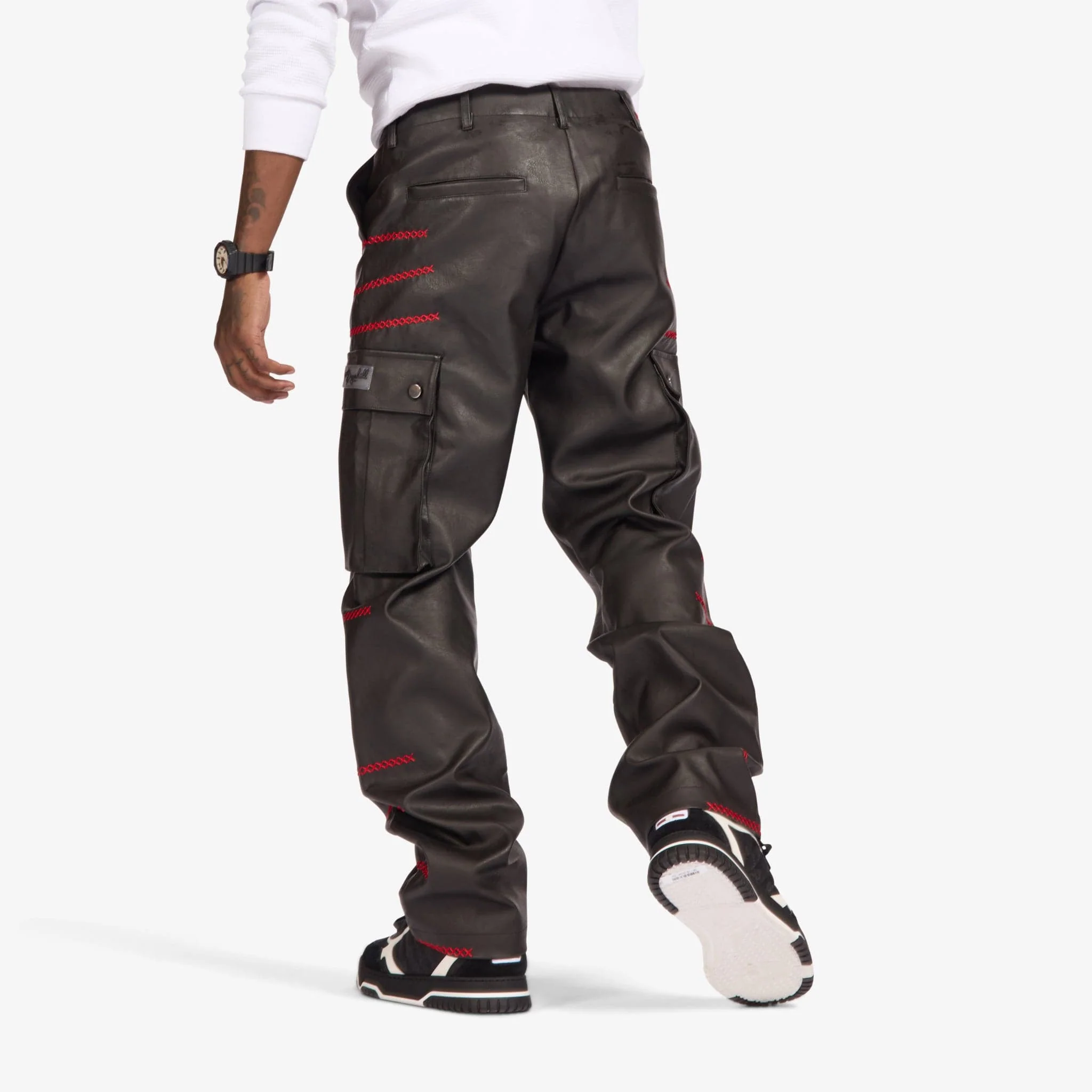 "Ogden" Leather Cargos (black/red) - Image 4