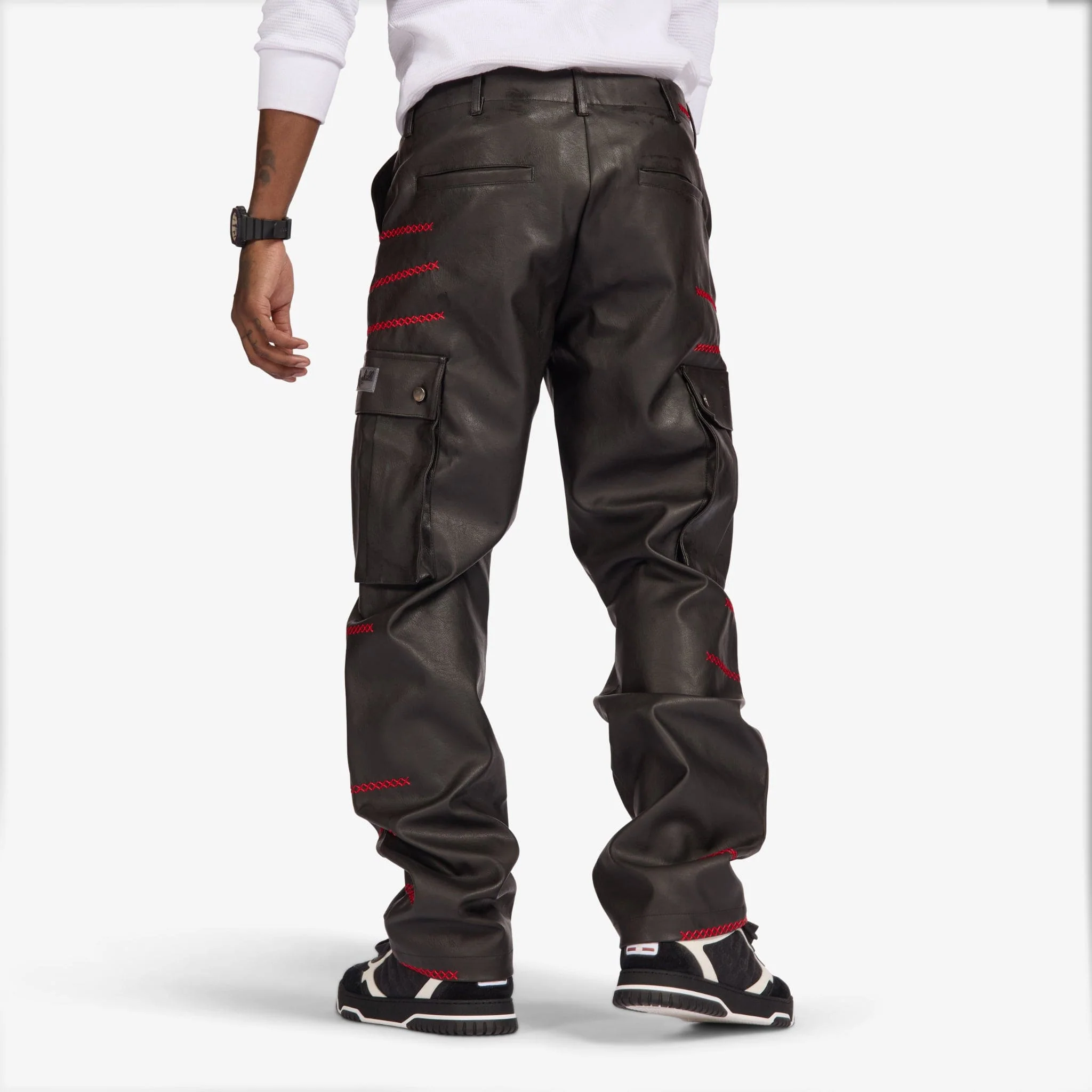"Ogden" Leather Cargos (black/red) - Image 5