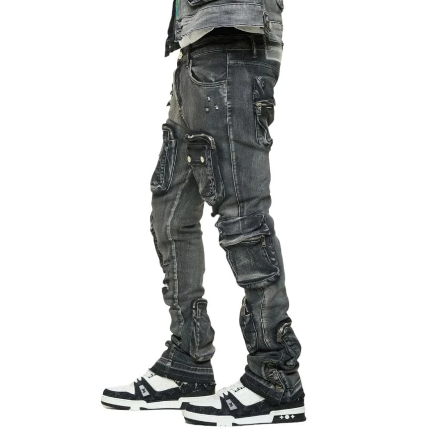 Pheelings "Journey To Greatness" Cargo Flare Stacked Denim (Black) - Image 4