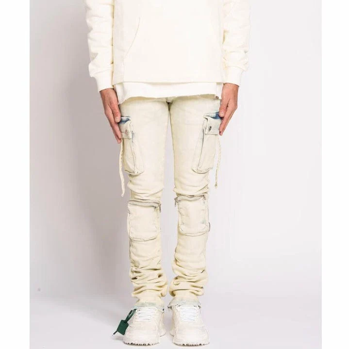 Pheelings Never Look Back Cargo Flare Stack Denim (Blue Acid Wash)