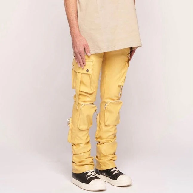 Pheelings Never Look Back Cargo Flare Stack Leather Pants (Wheat Yellow) - Image 2