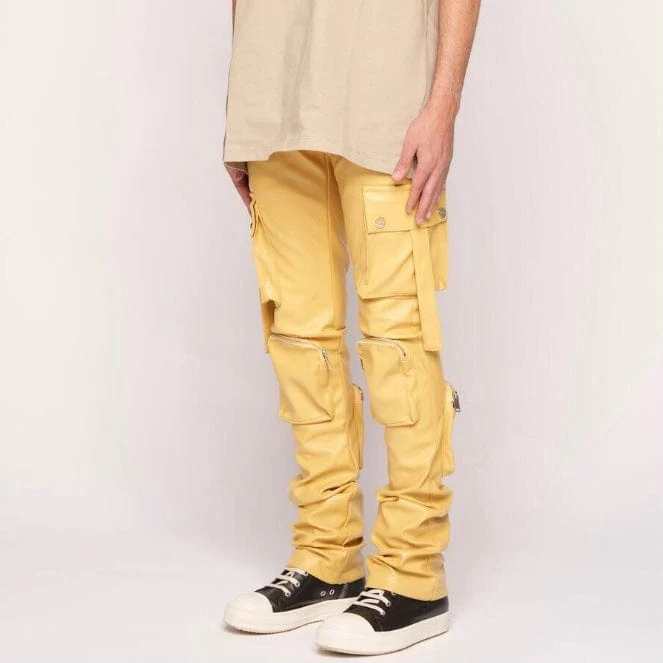Pheelings Never Look Back Cargo Flare Stack Leather Pants (Wheat Yellow) - Image 3
