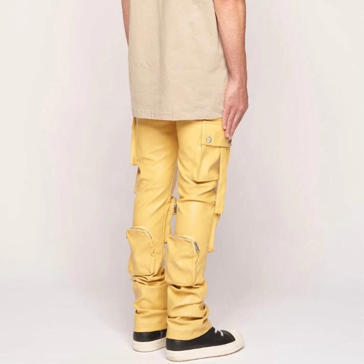 Pheelings Never Look Back Cargo Flare Stack Leather Pants (Wheat Yellow) - Image 4