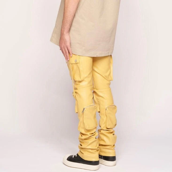 Pheelings Never Look Back Cargo Flare Stack Leather Pants (Wheat Yellow) - Image 5