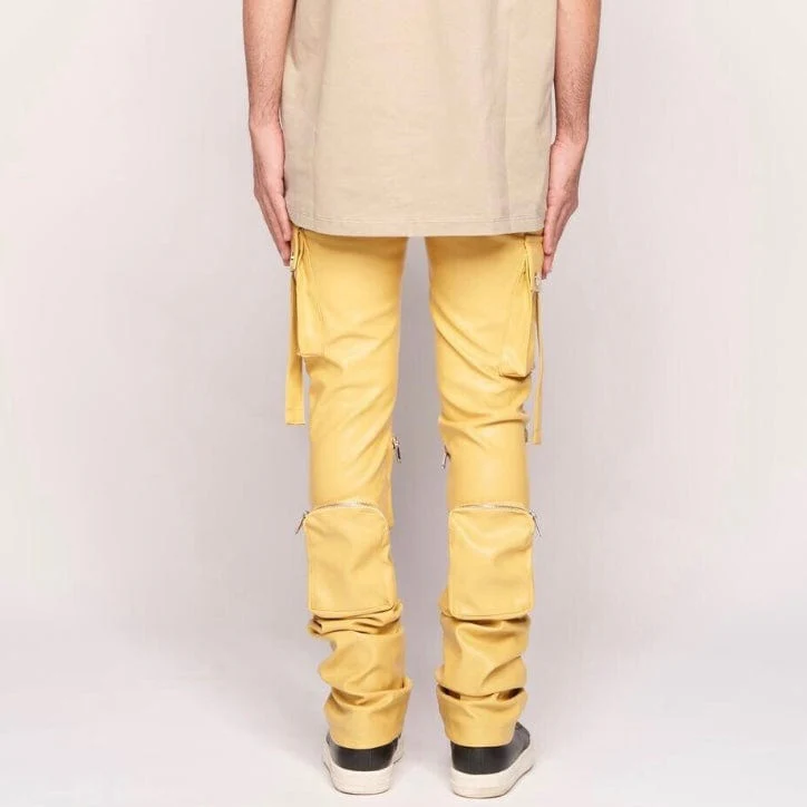 Pheelings Never Look Back Cargo Flare Stack Leather Pants (Wheat Yellow) - Image 6