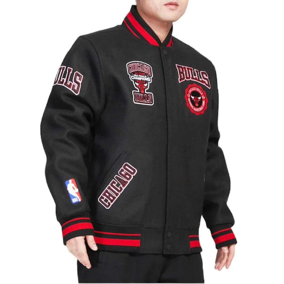 Pro Standard Chicago Bulls Crest Emblem Rib Wool Varsity Jacket (Black/Red) - Image 2