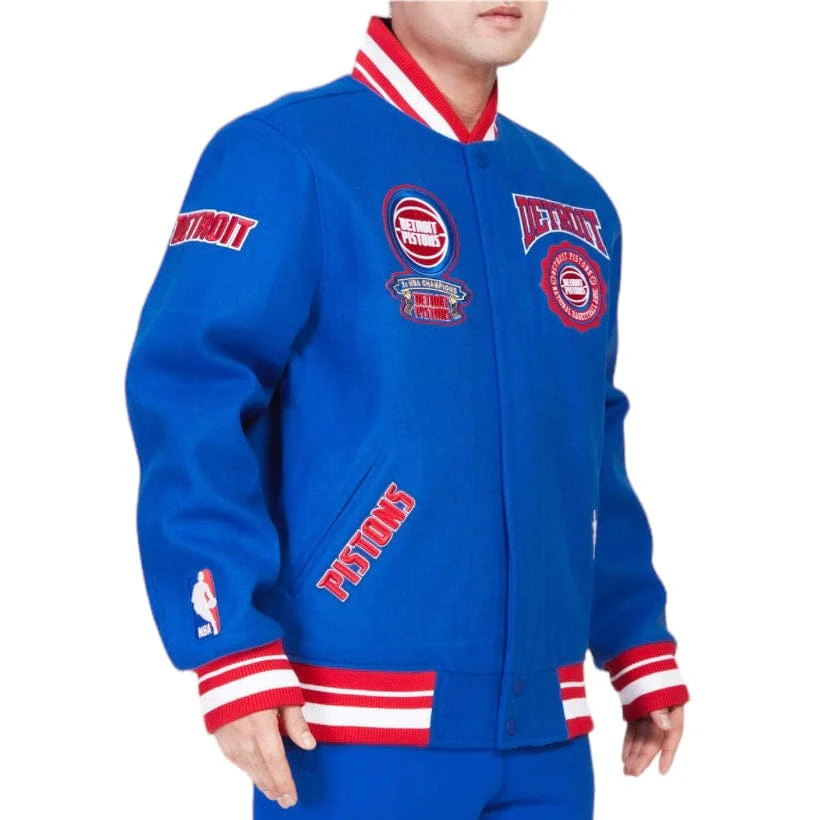Pro Standard Detroit Pistons Crest Emblem Rib Wool Varsity Jacket (Royal/Red) - Image 2