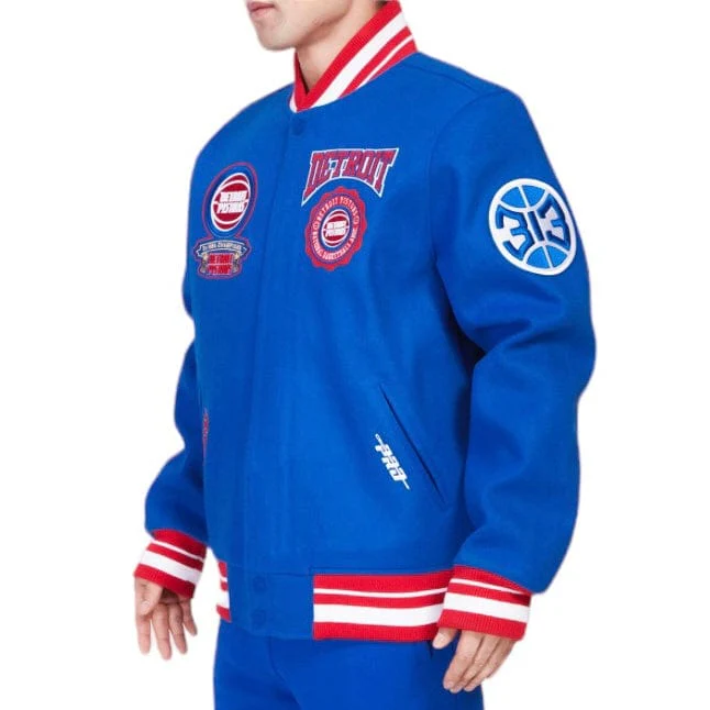 Pro Standard Detroit Pistons Crest Emblem Rib Wool Varsity Jacket (Royal/Red) - Image 3