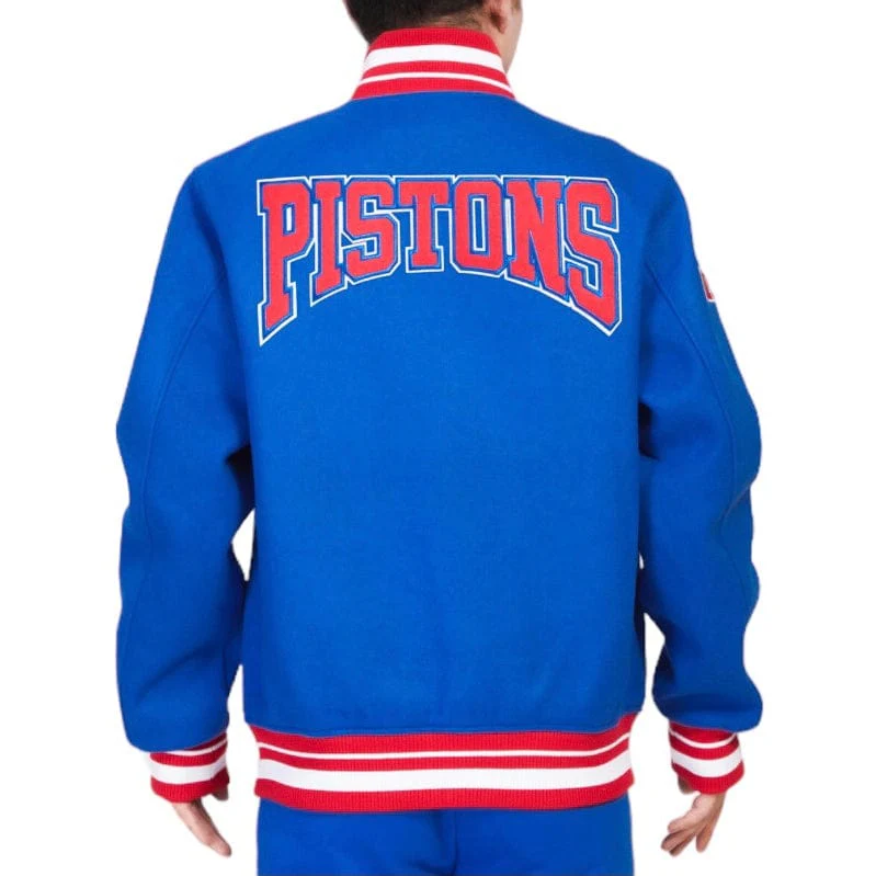 Pro Standard Detroit Pistons Crest Emblem Rib Wool Varsity Jacket (Royal/Red) - Image 4