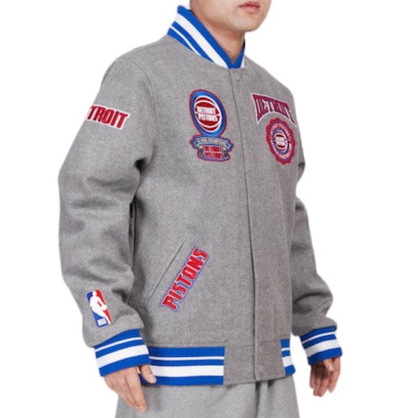 Pro Standard Detroit Pistons Crest Emblem Varsity Jacket (Heather Grey/Royal) - Image 2